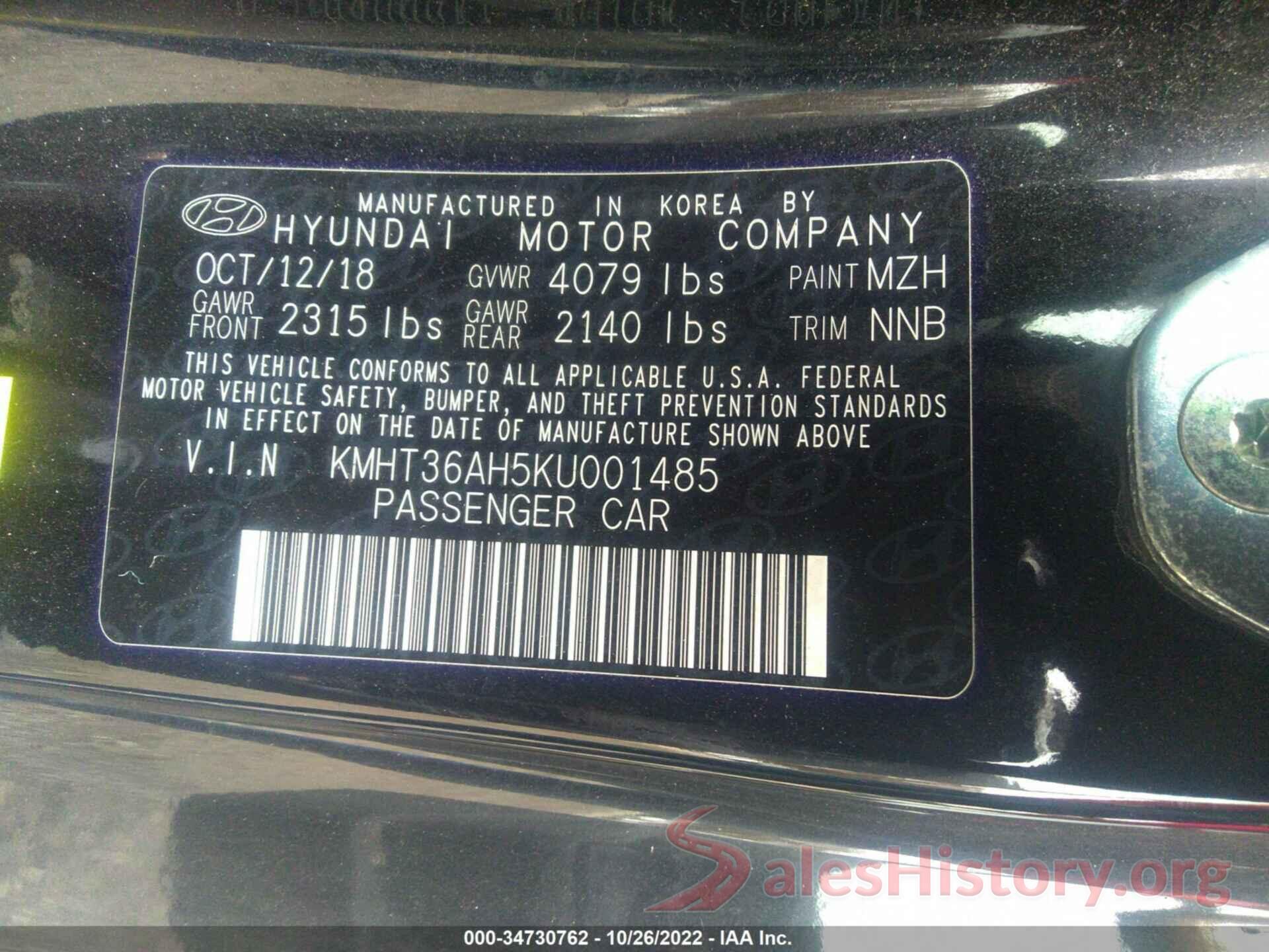 KMHT36AH5KU001485 2019 HYUNDAI VELOSTER