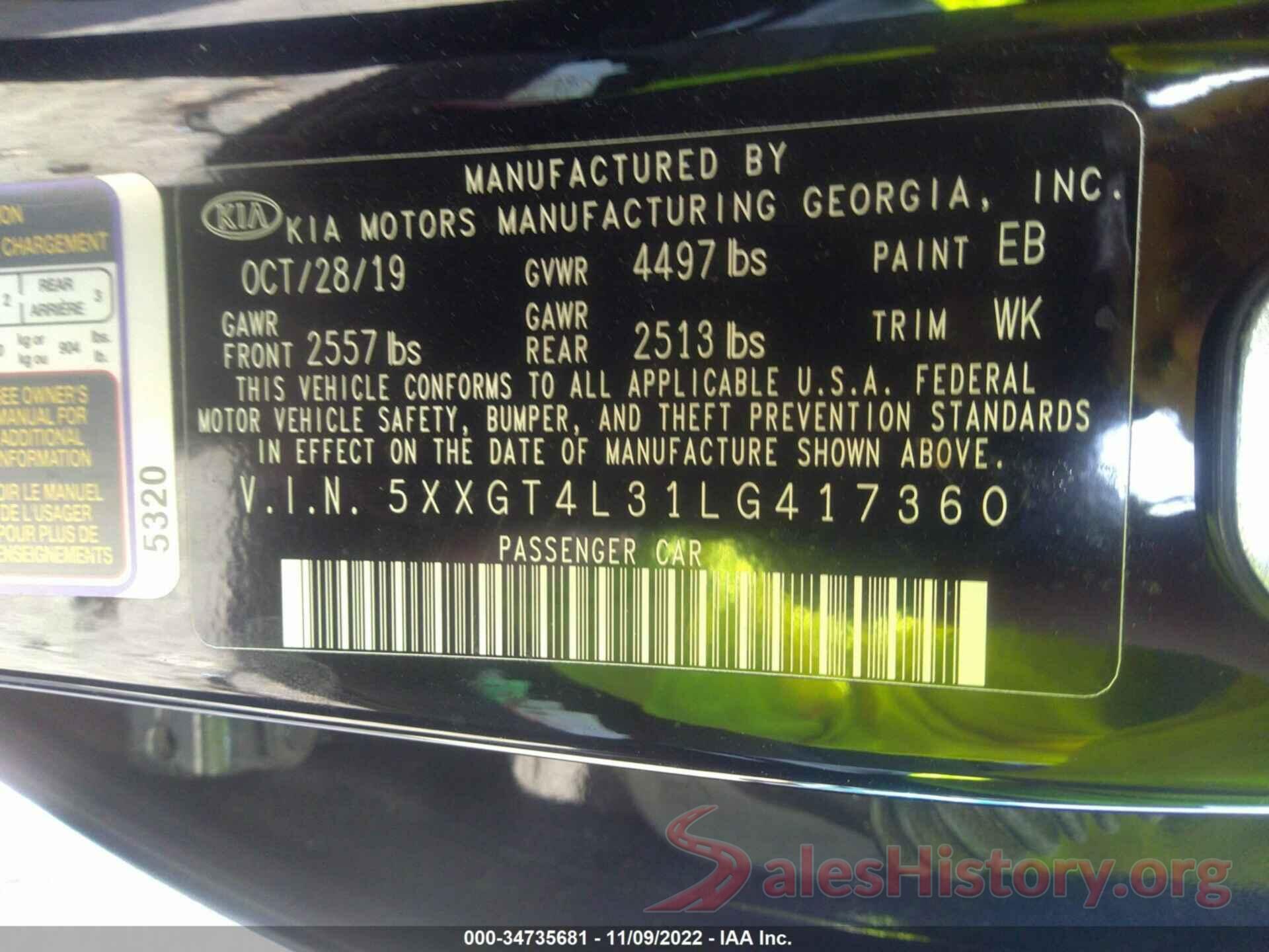 5XXGT4L31LG417360 2020 KIA OPTIMA