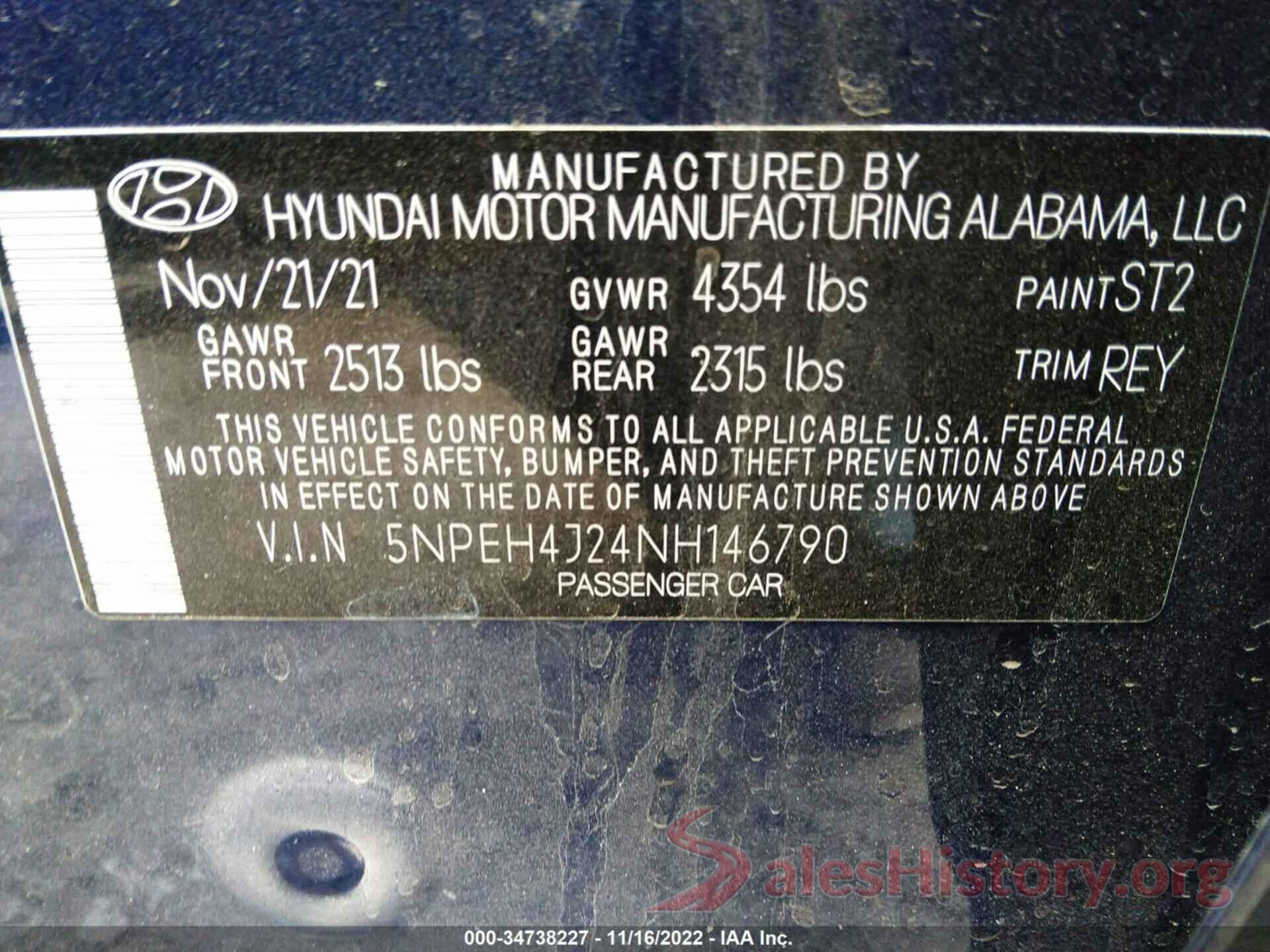 5NPEH4J24NH146790 2022 HYUNDAI SONATA