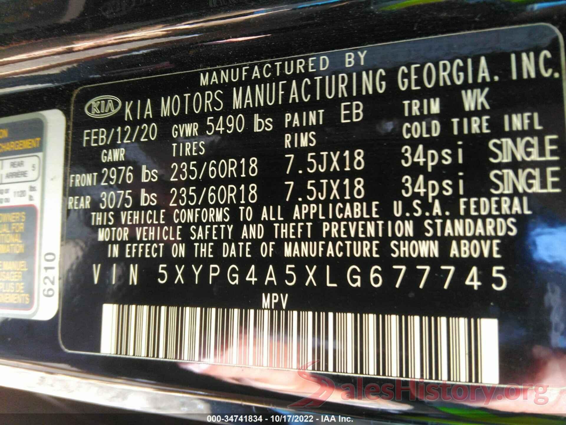 5XYPG4A5XLG677745 2020 KIA SORENTO