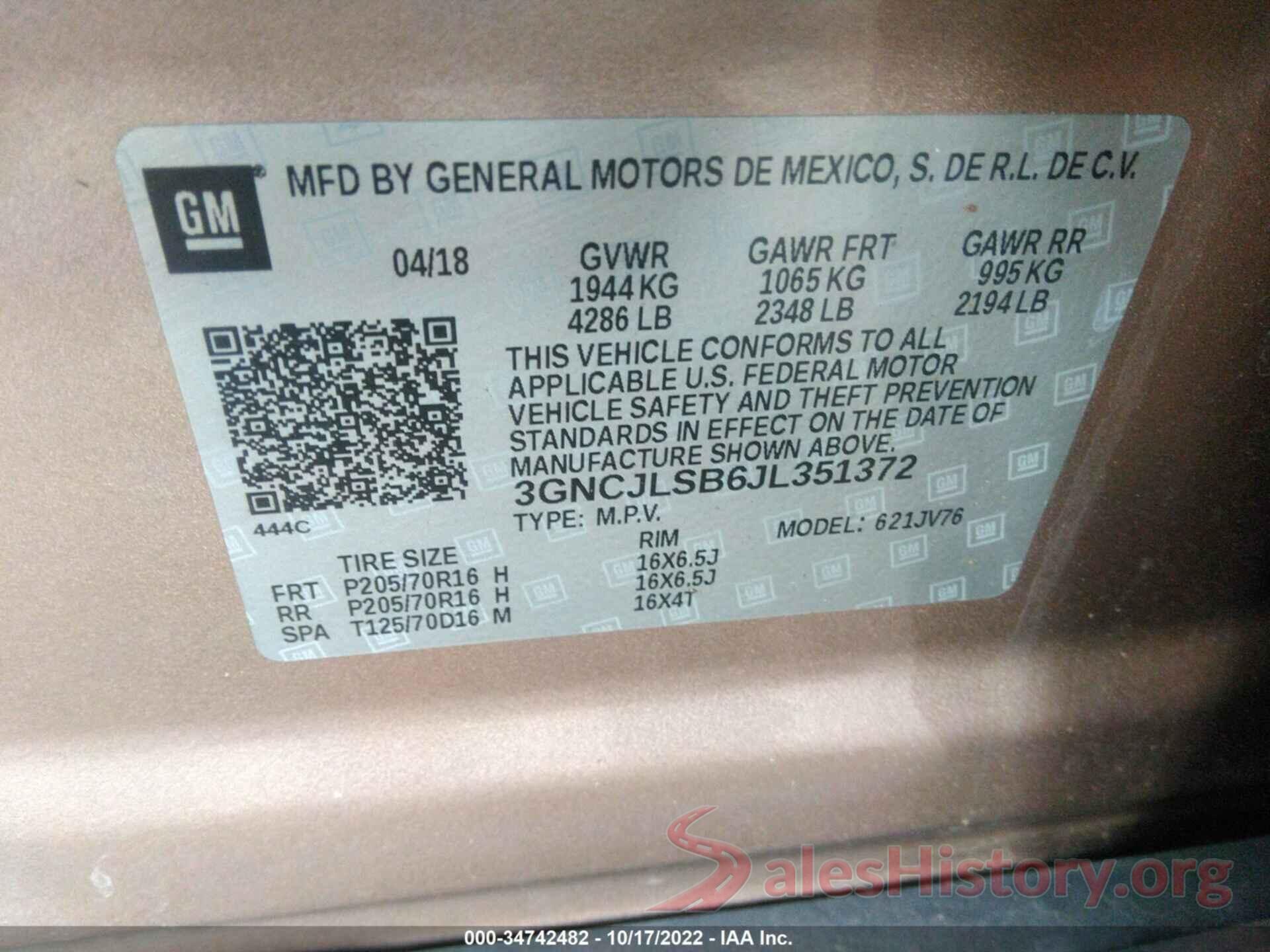 3GNCJLSB6JL351372 2018 CHEVROLET TRAX