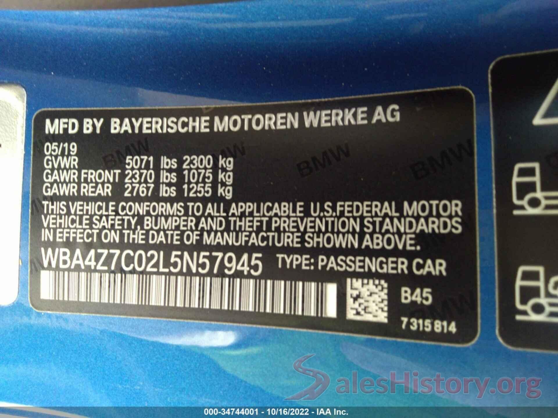 WBA4Z7C02L5N57945 2020 BMW 4 SERIES