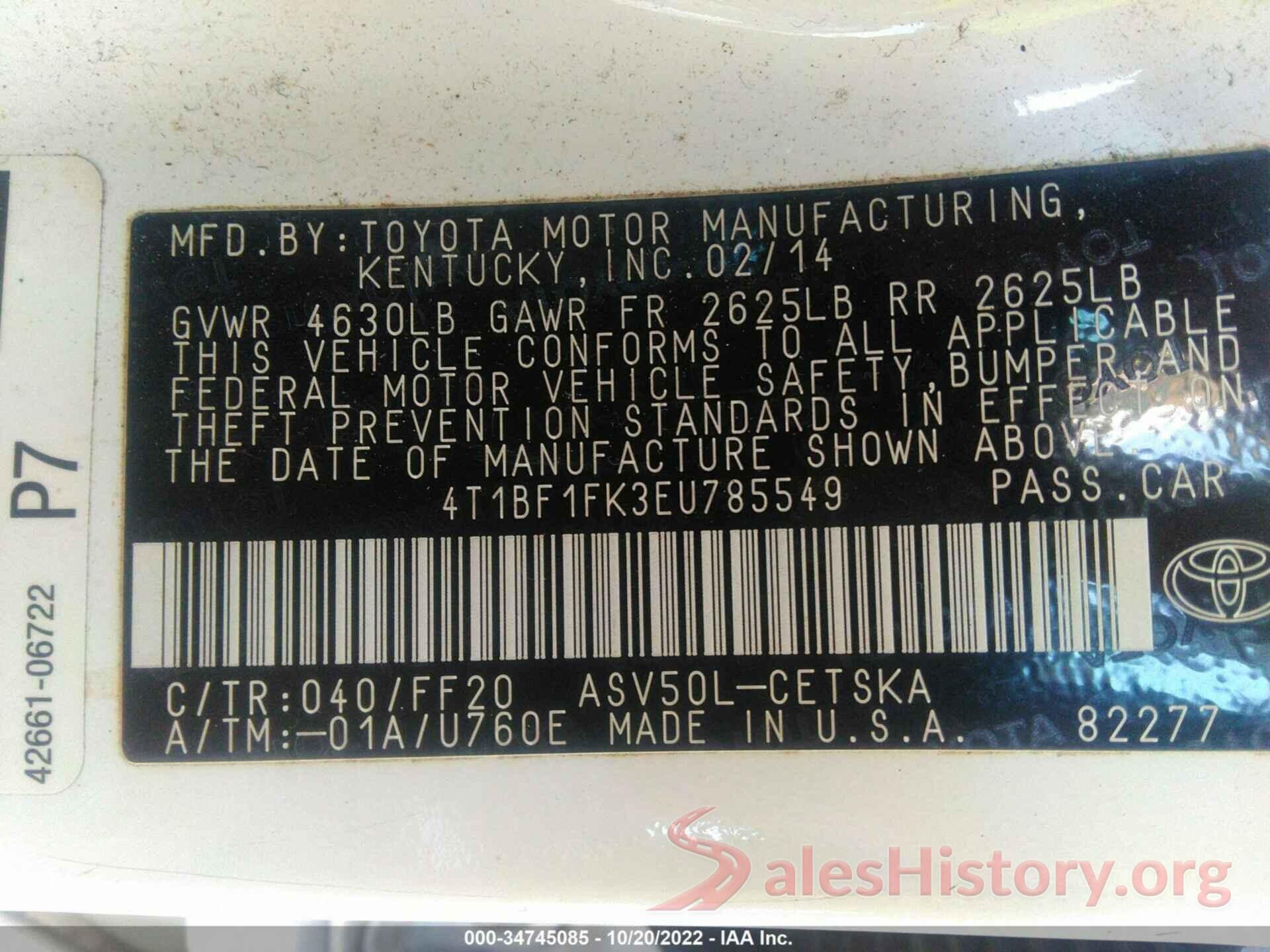 4T1BF1FK3EU785549 2014 TOYOTA CAMRY