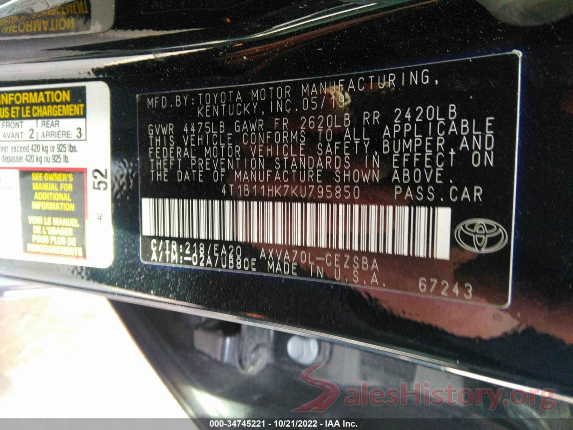 4T1B11HK7KU795850 2019 TOYOTA CAMRY