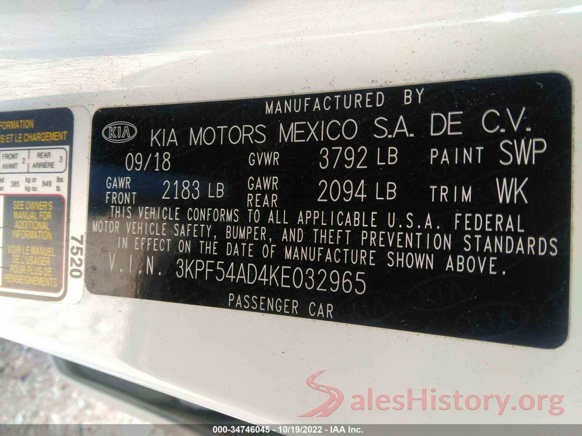 3KPF54AD4KE032965 2019 KIA FORTE