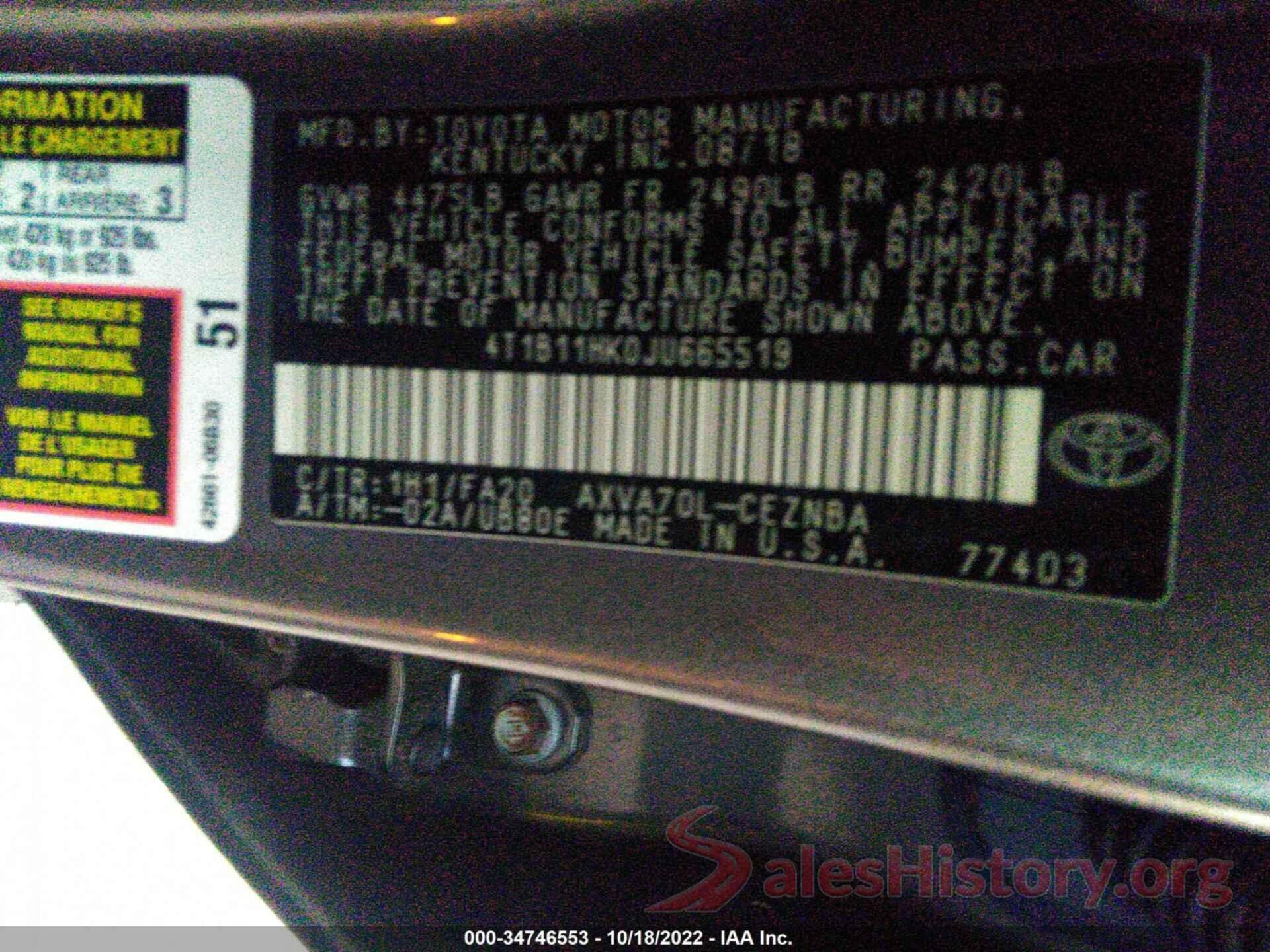 4T1B11HK0JU665519 2018 TOYOTA CAMRY