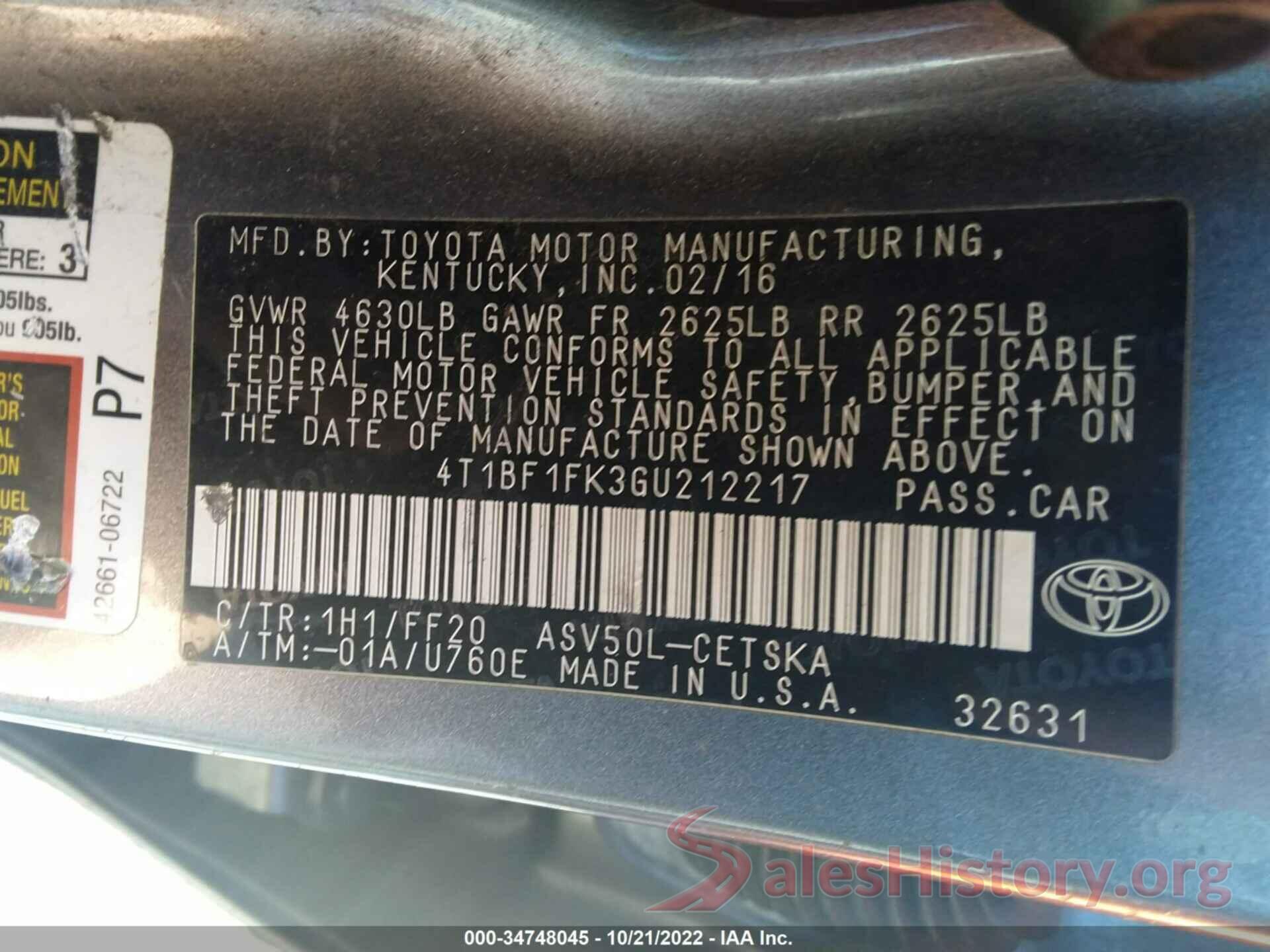 4T1BF1FK3GU212217 2016 TOYOTA CAMRY