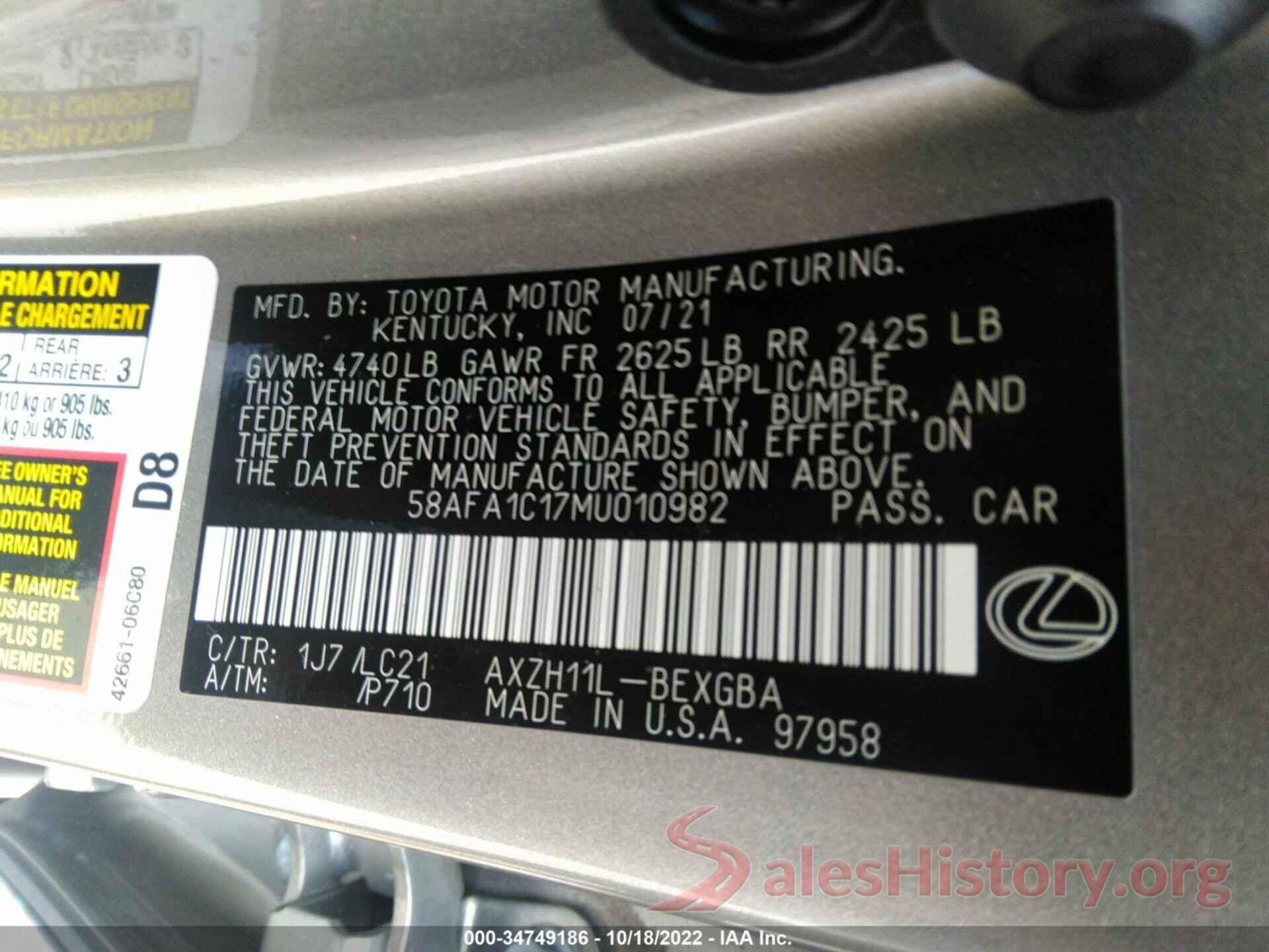 58AFA1C17MU010982 2021 LEXUS ES