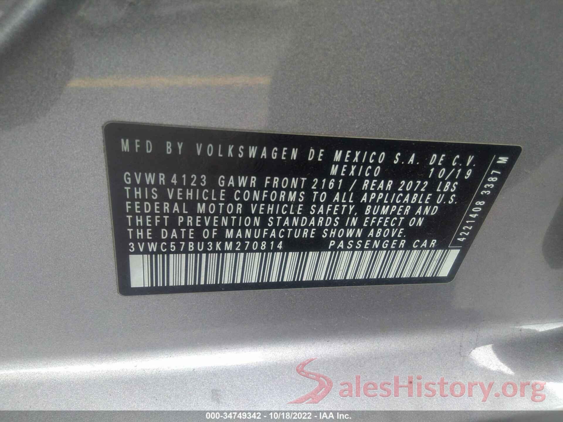 3VWC57BU3KM270814 2019 VOLKSWAGEN JETTA