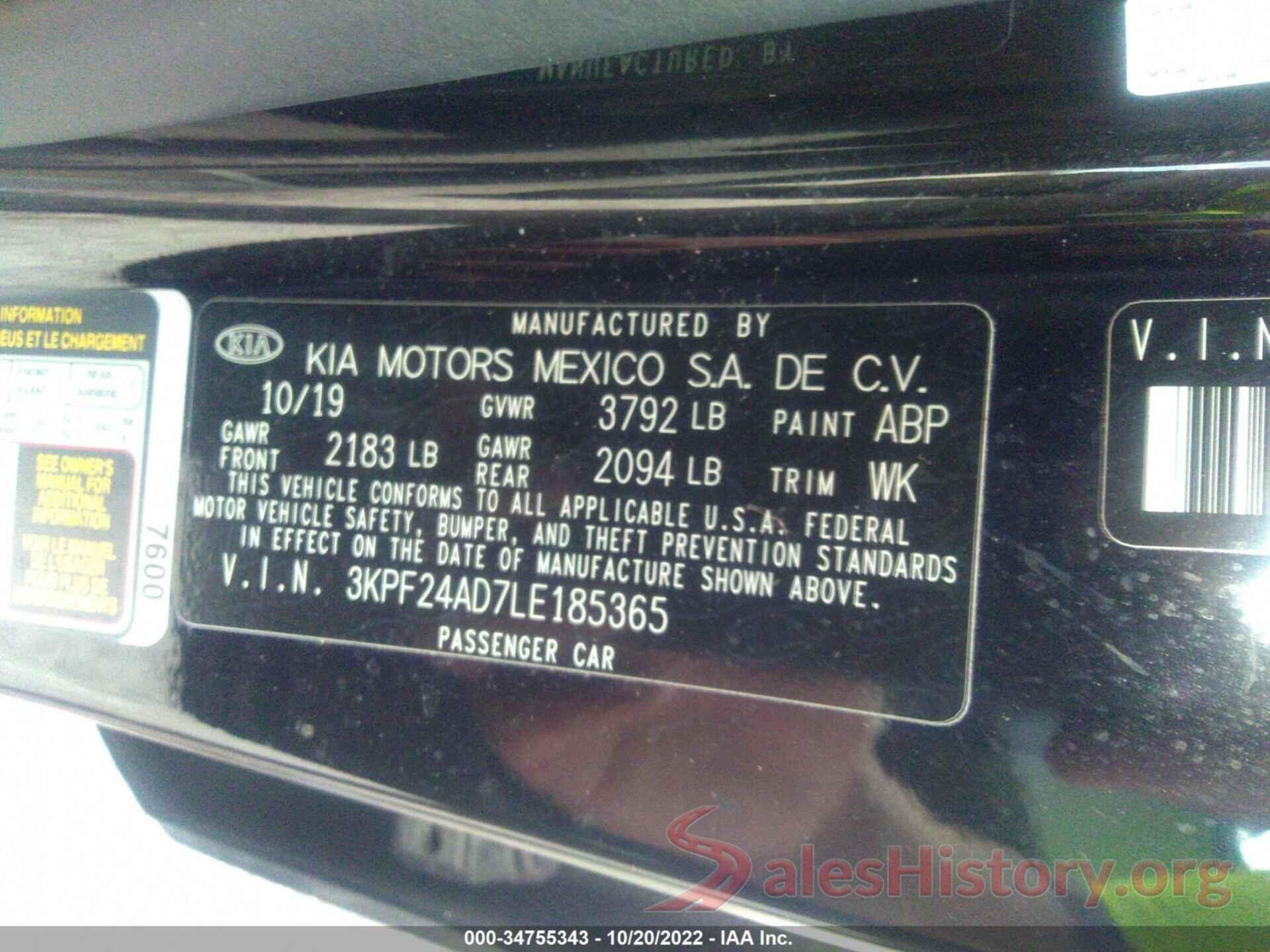 3KPF24AD7LE185365 2020 KIA FORTE