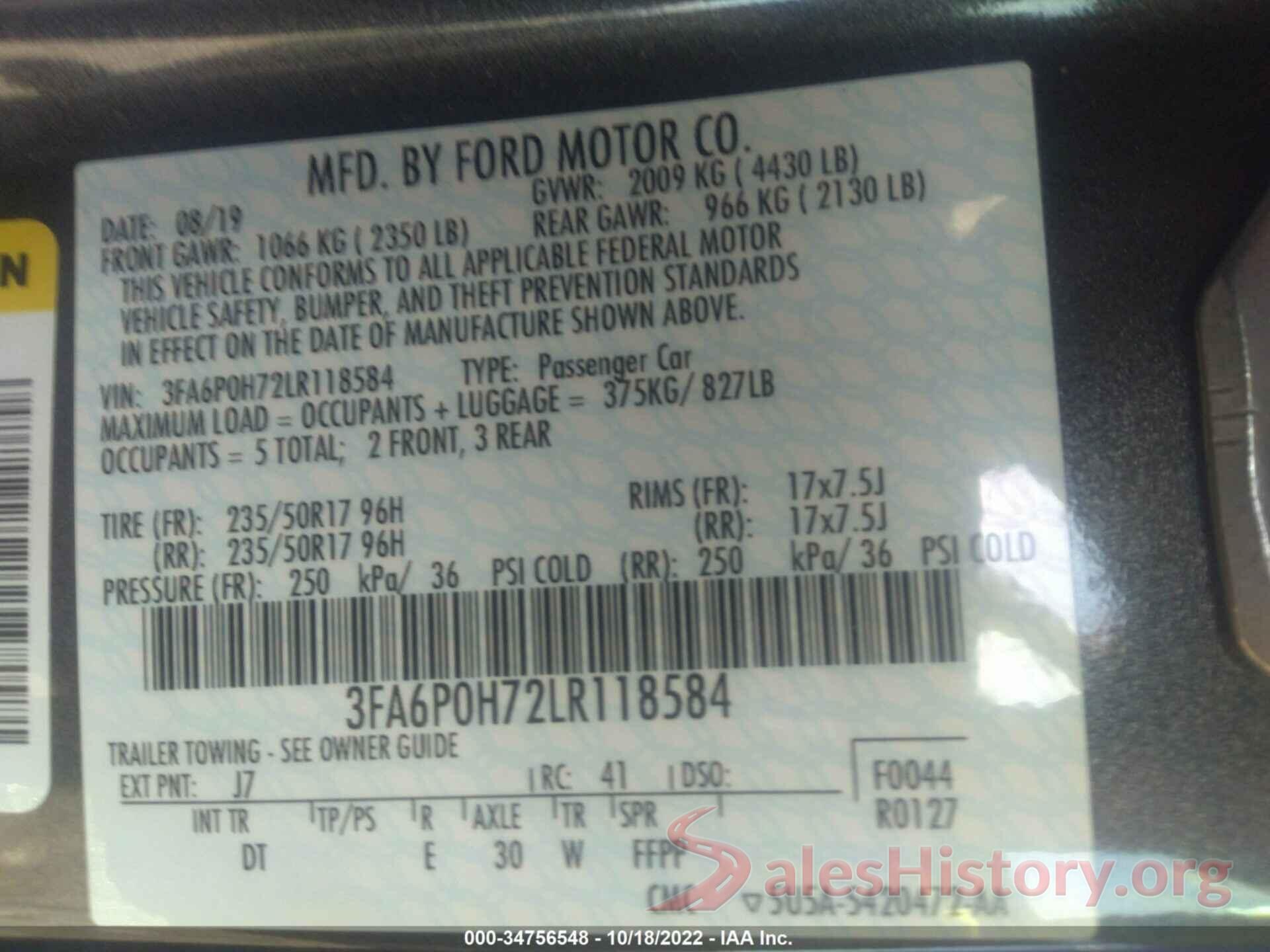 3FA6P0H72LR118584 2020 FORD FUSION