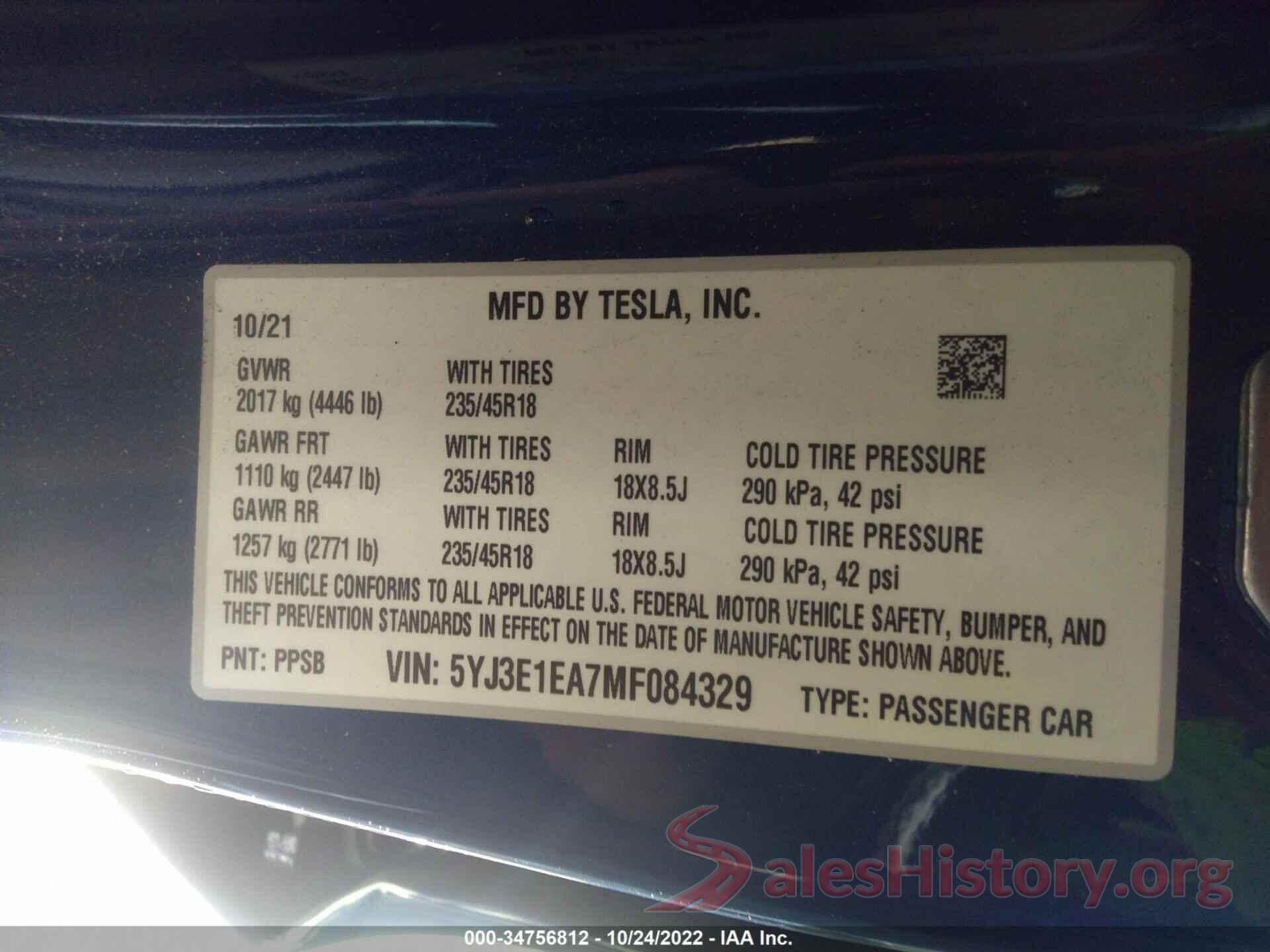 5YJ3E1EA7MF084329 2021 TESLA MODEL 3