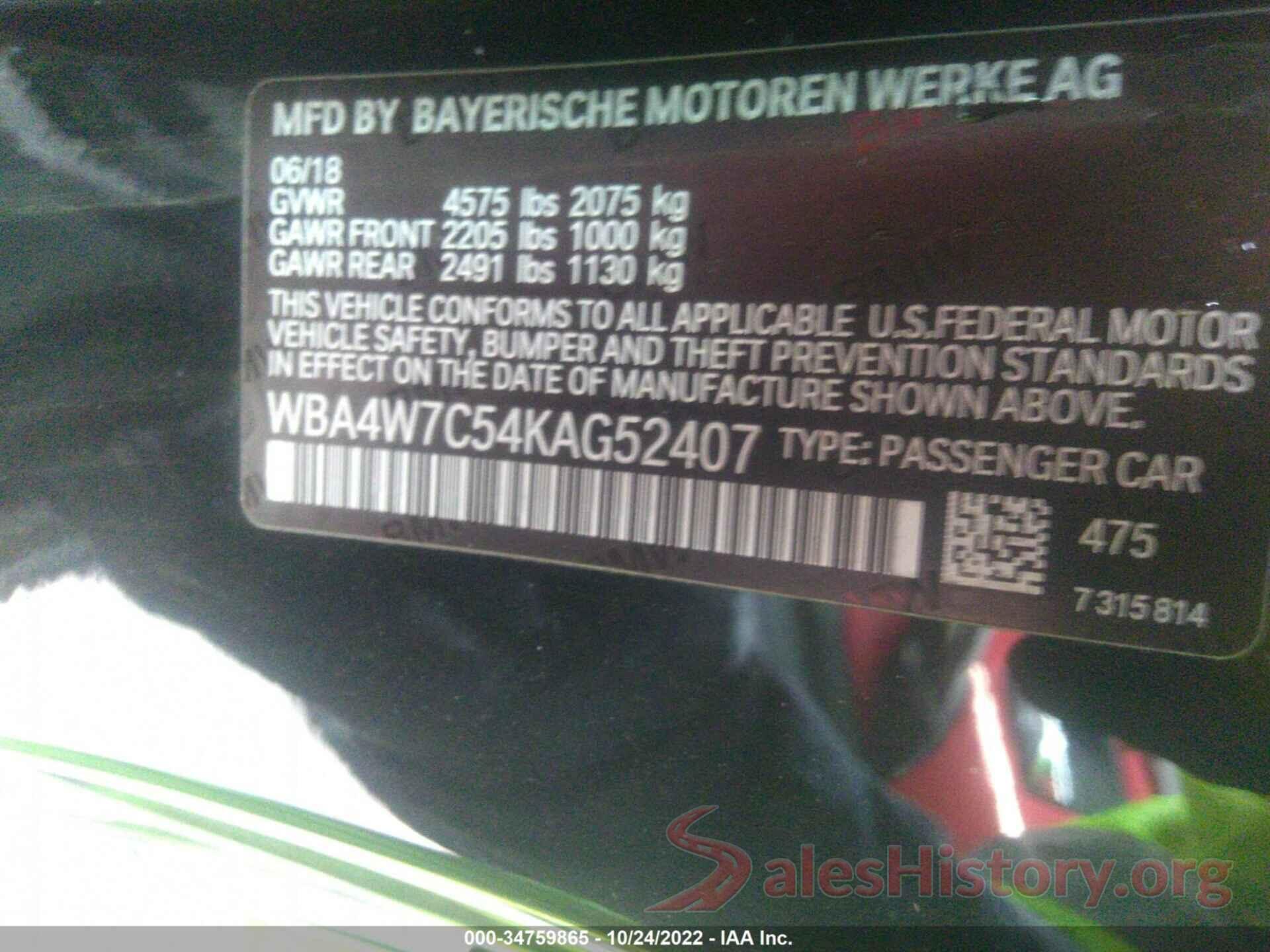 WBA4W7C54KAG52407 2019 BMW 4 SERIES