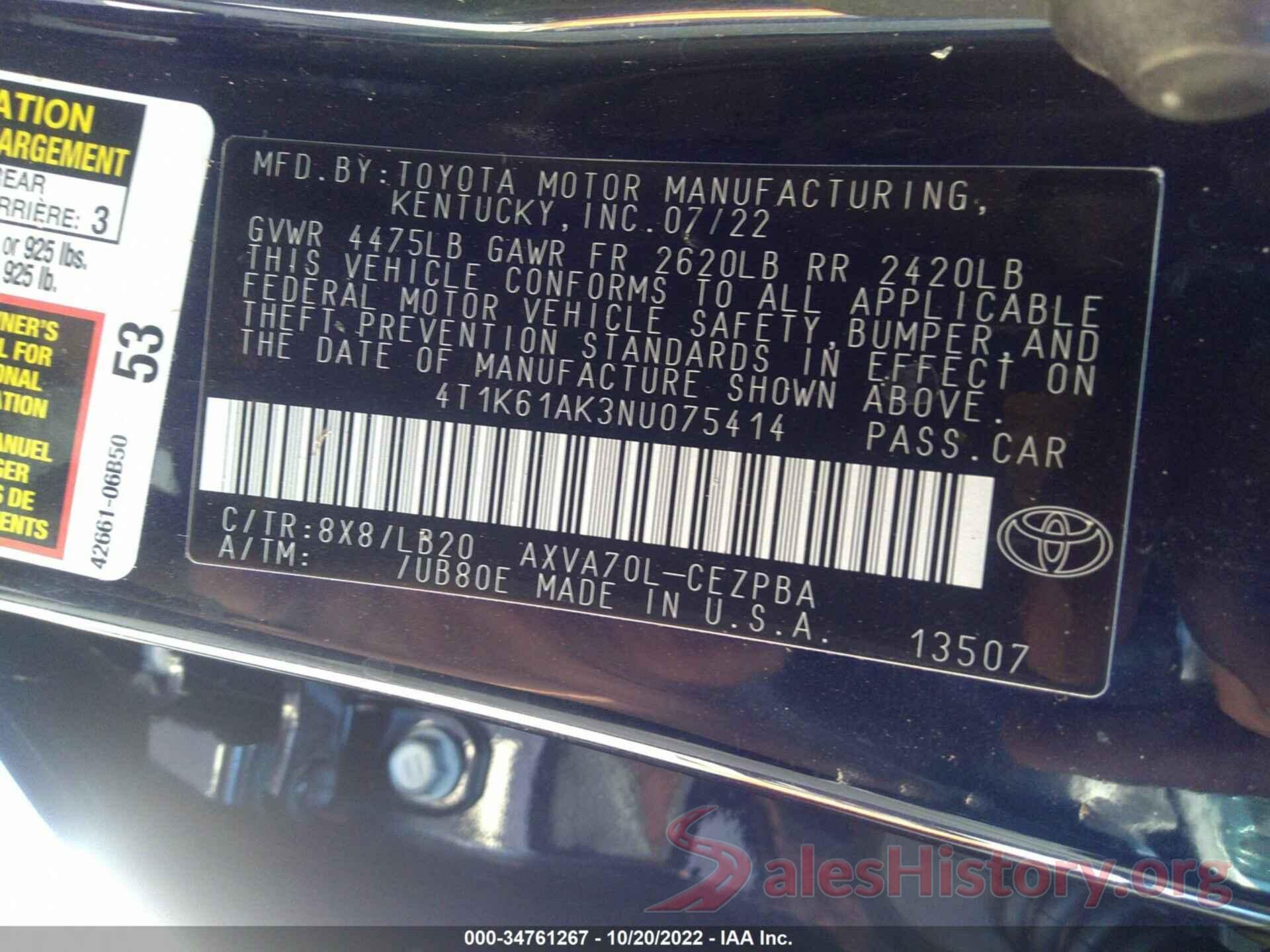 4T1K61AK3NU075414 2022 TOYOTA CAMRY