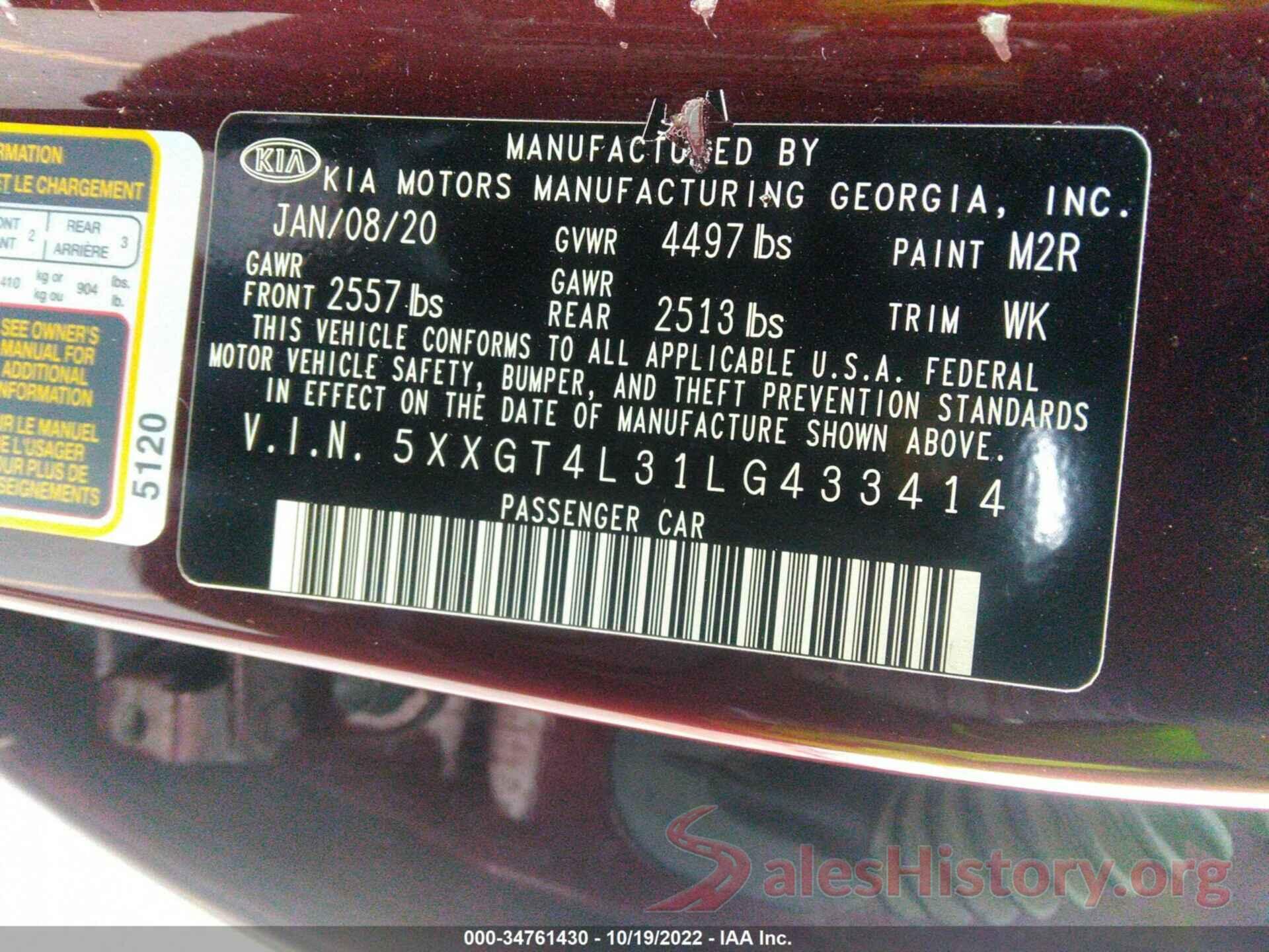 5XXGT4L31LG433414 2020 KIA OPTIMA