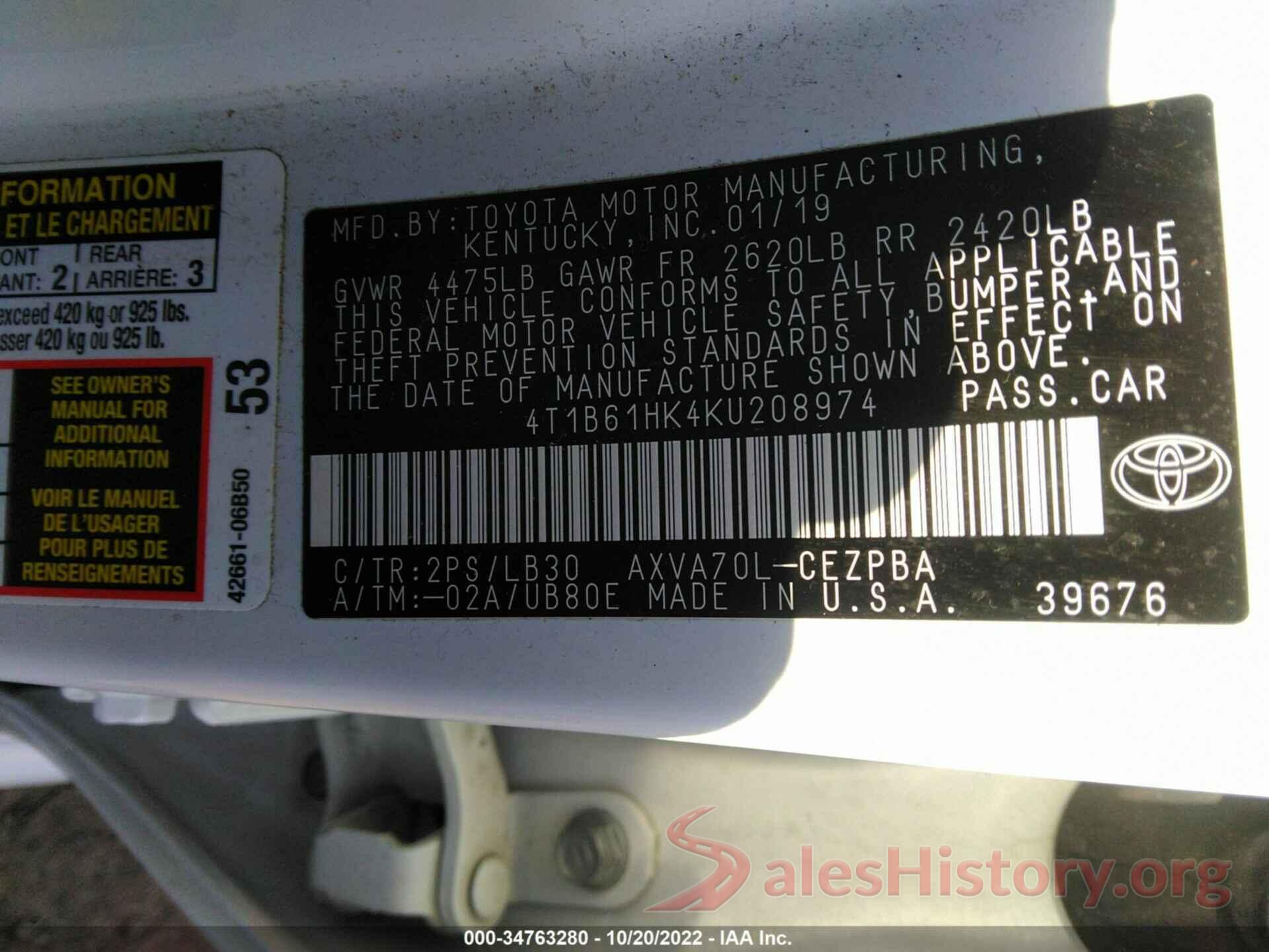 4T1B61HK4KU208974 2019 TOYOTA CAMRY