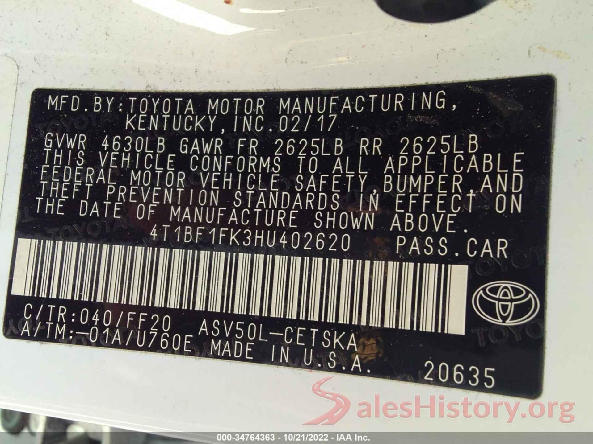 4T1BF1FK3HU402620 2017 TOYOTA CAMRY