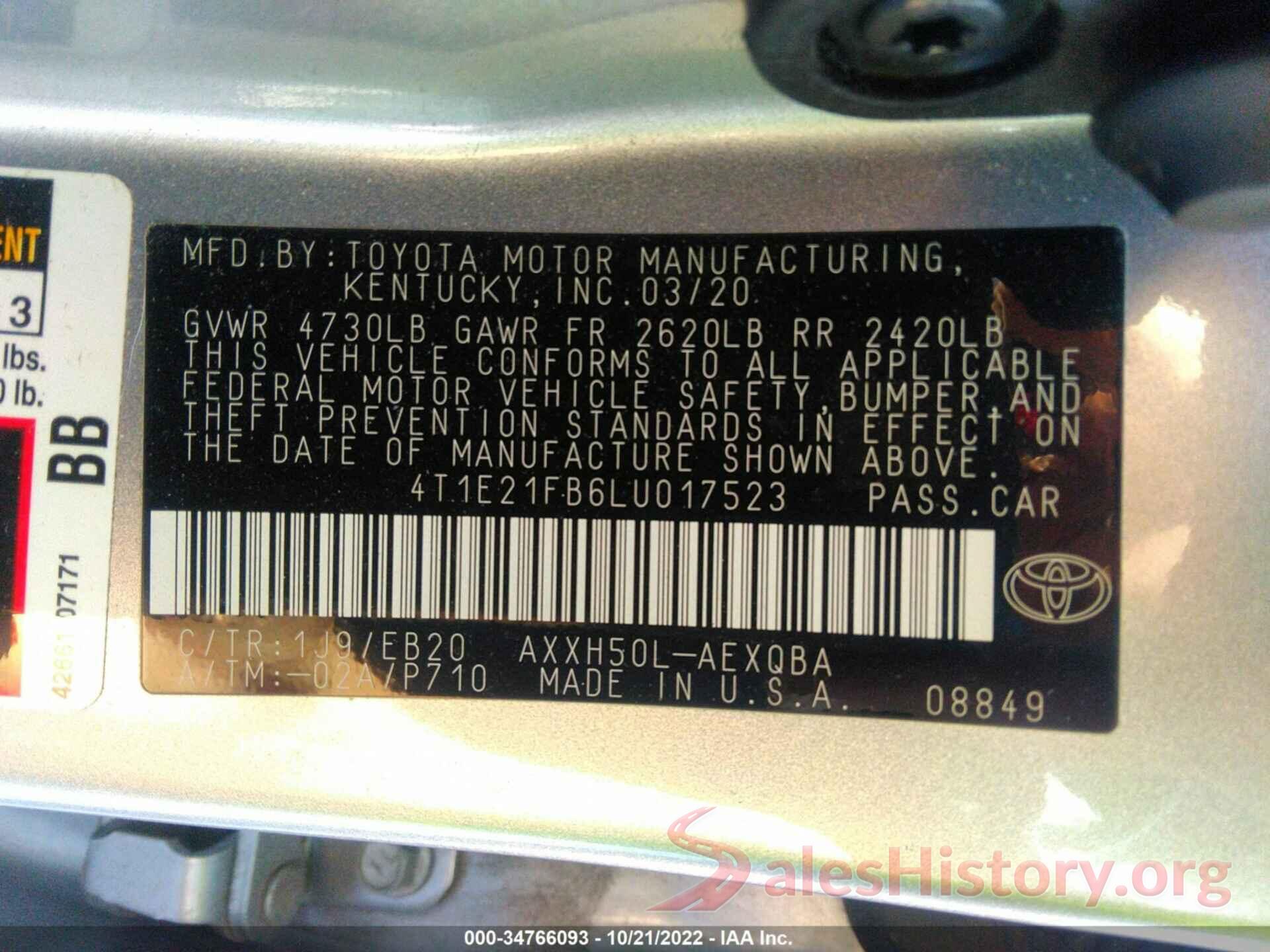 4T1E21FB6LU017523 2020 TOYOTA AVALON