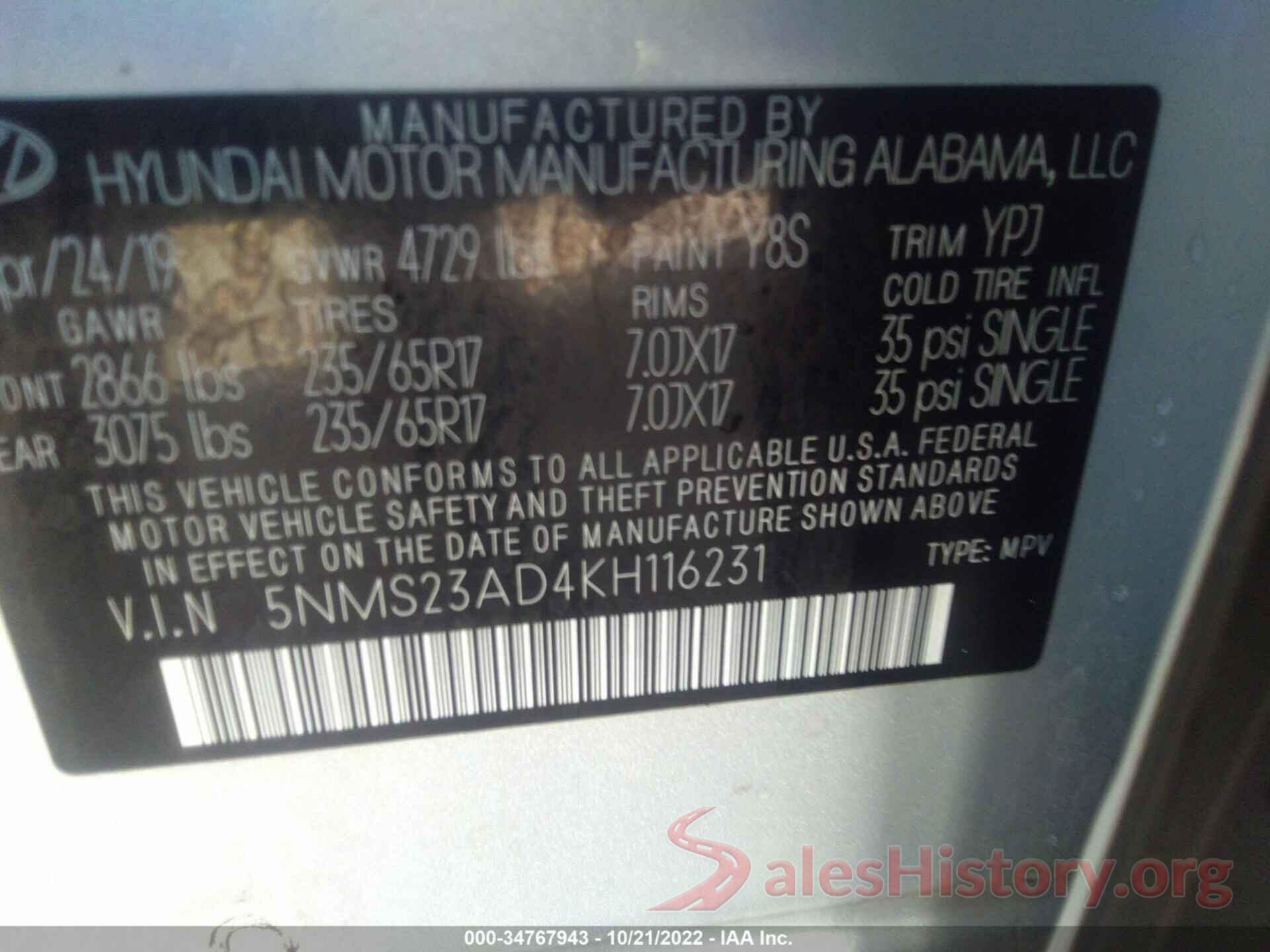 5NMS23AD4KH116231 2019 HYUNDAI SANTA FE