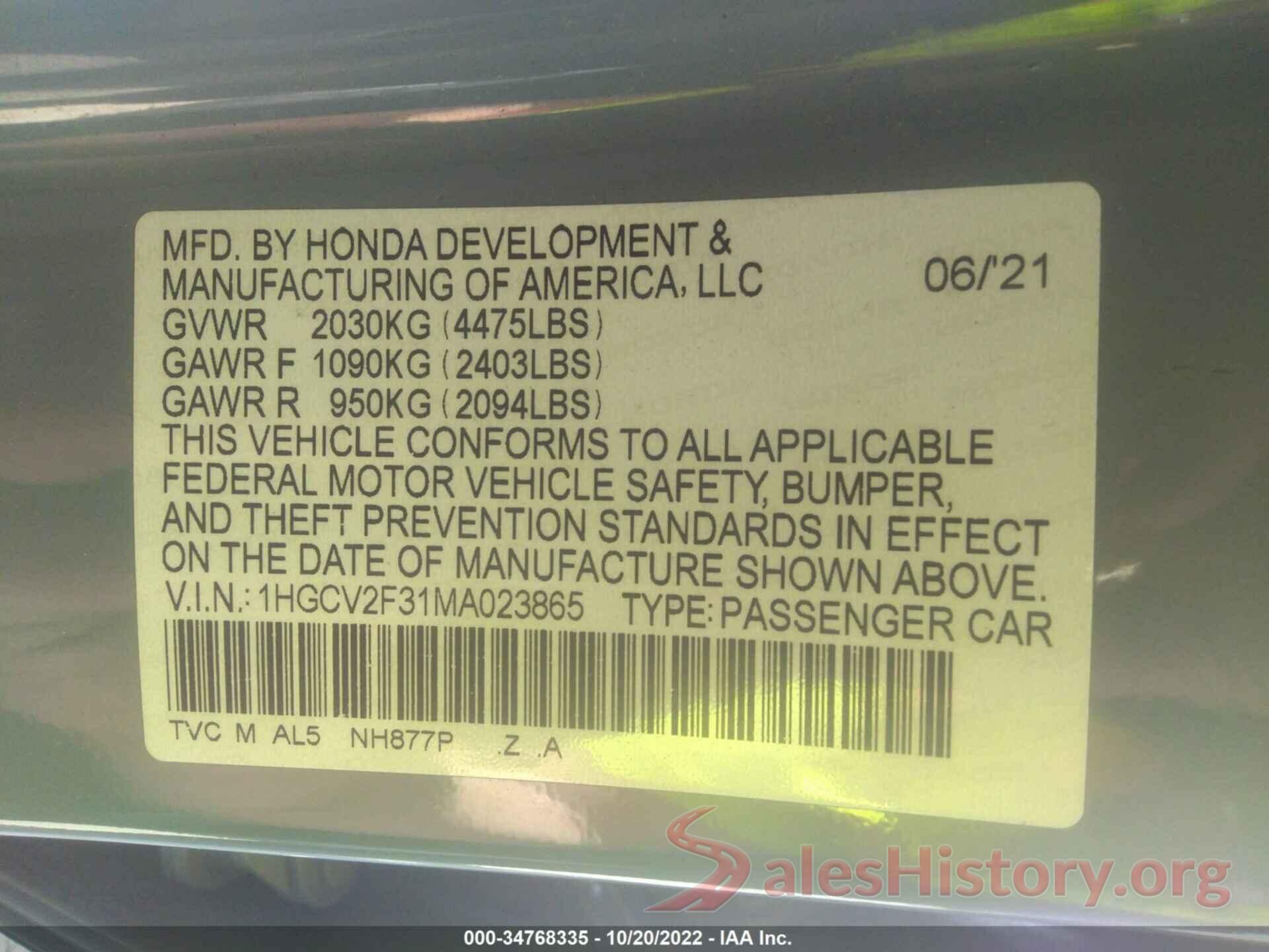 1HGCV2F31MA023865 2021 HONDA ACCORD SEDAN