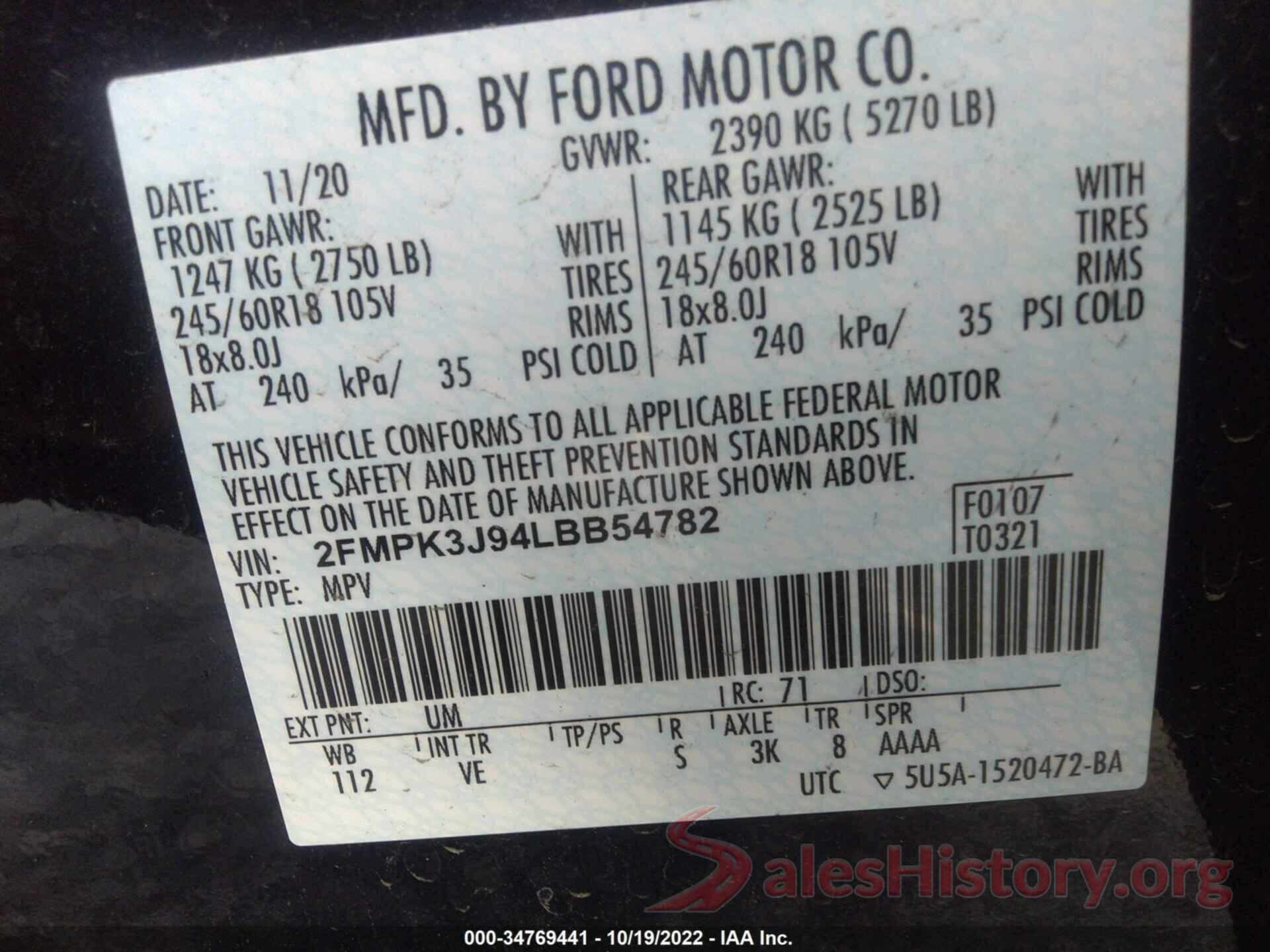 2FMPK3J94LBB54782 2020 FORD EDGE