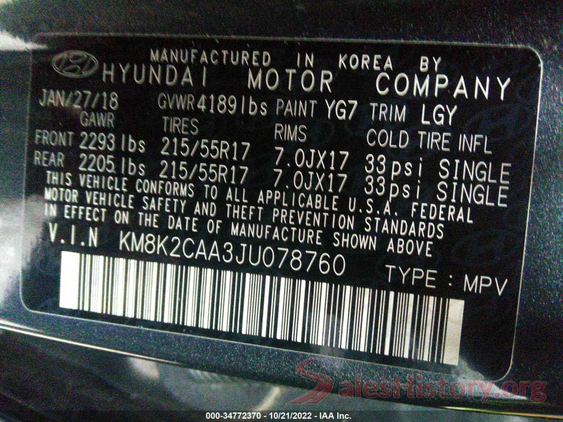 KM8K2CAA3JU078760 2018 HYUNDAI KONA