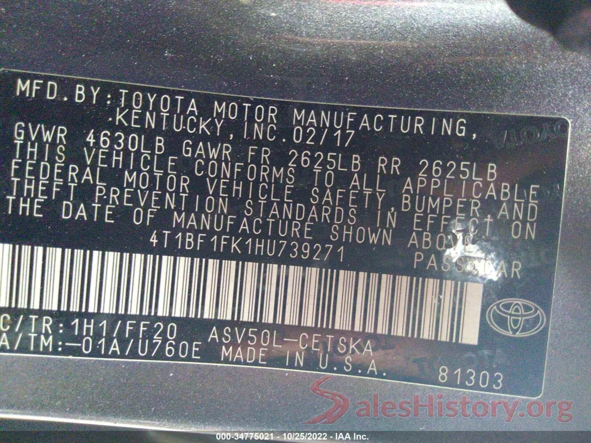 4T1BF1FK1HU739271 2017 TOYOTA CAMRY