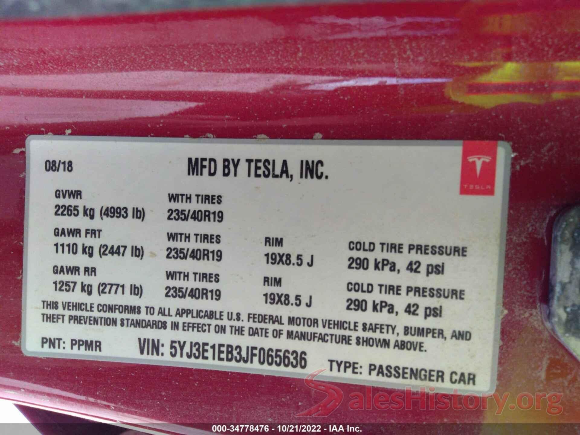 5YJ3E1EB3JF065636 2018 TESLA MODEL 3