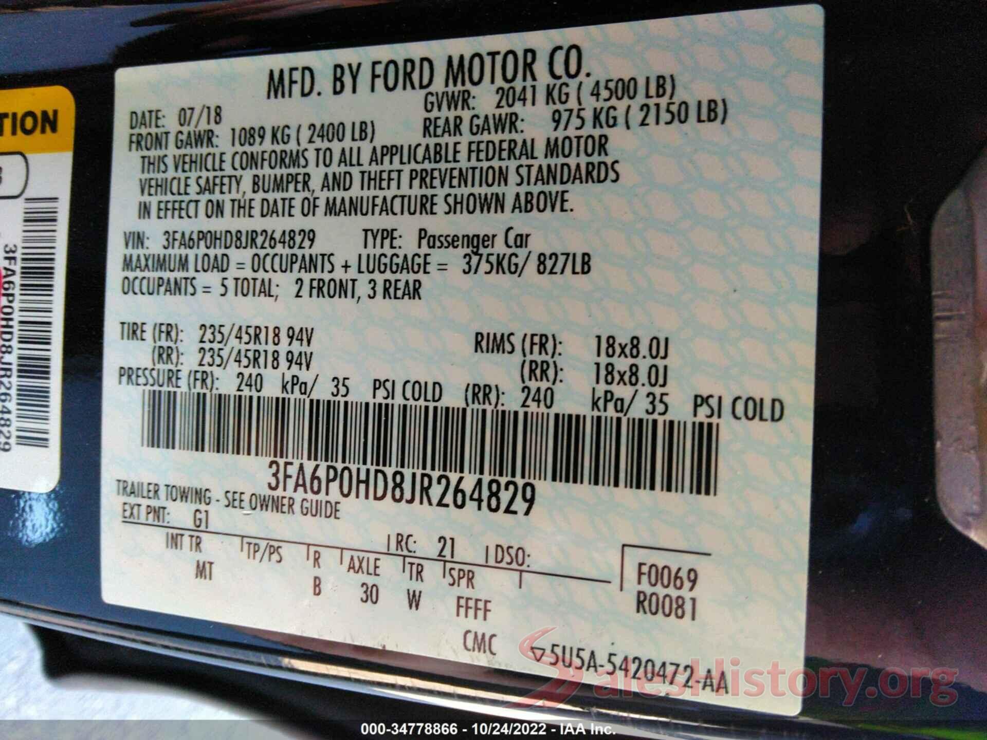 3FA6P0HD8JR264829 2018 FORD FUSION