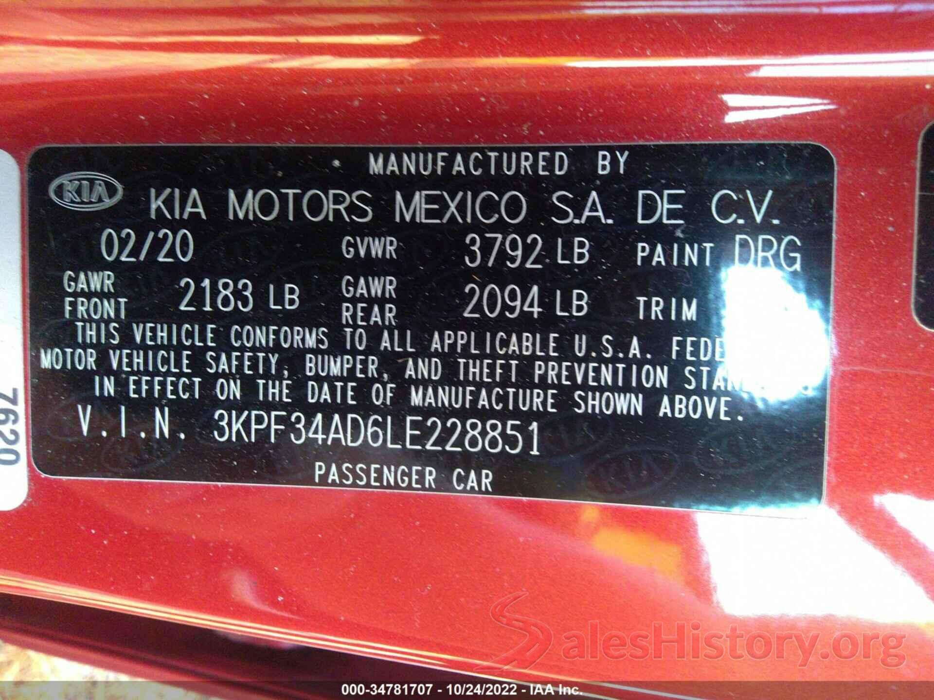 3KPF34AD6LE228851 2020 KIA FORTE