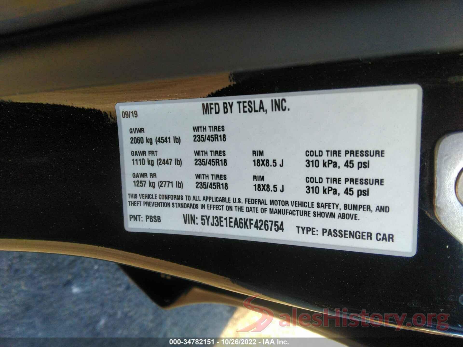 5YJ3E1EA6KF426754 2019 TESLA MODEL 3