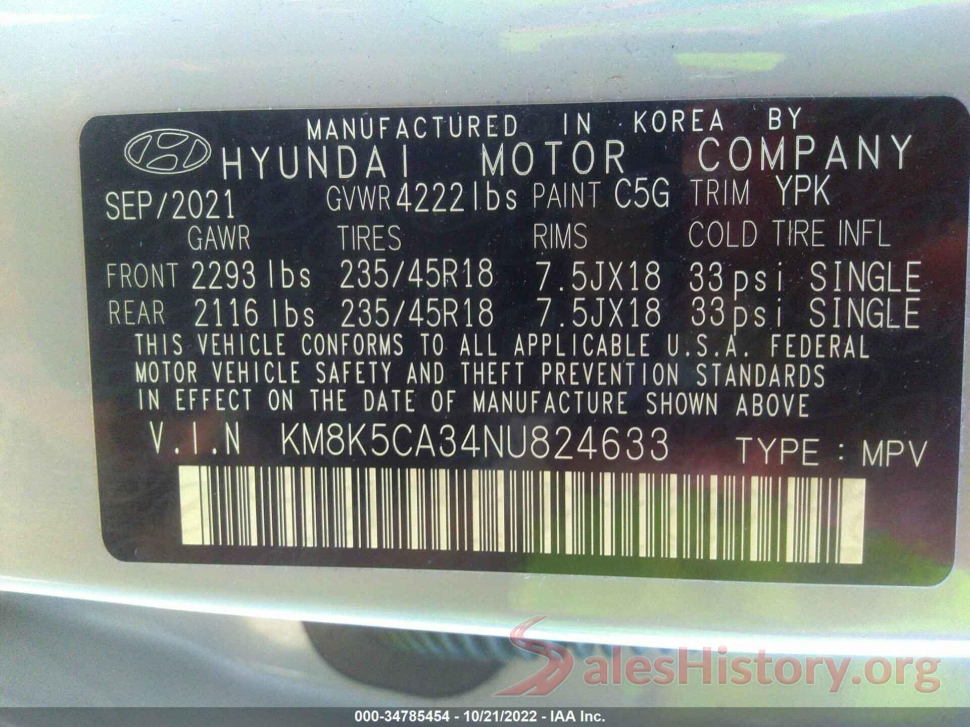 KM8K5CA34NU824633 2022 HYUNDAI KONA