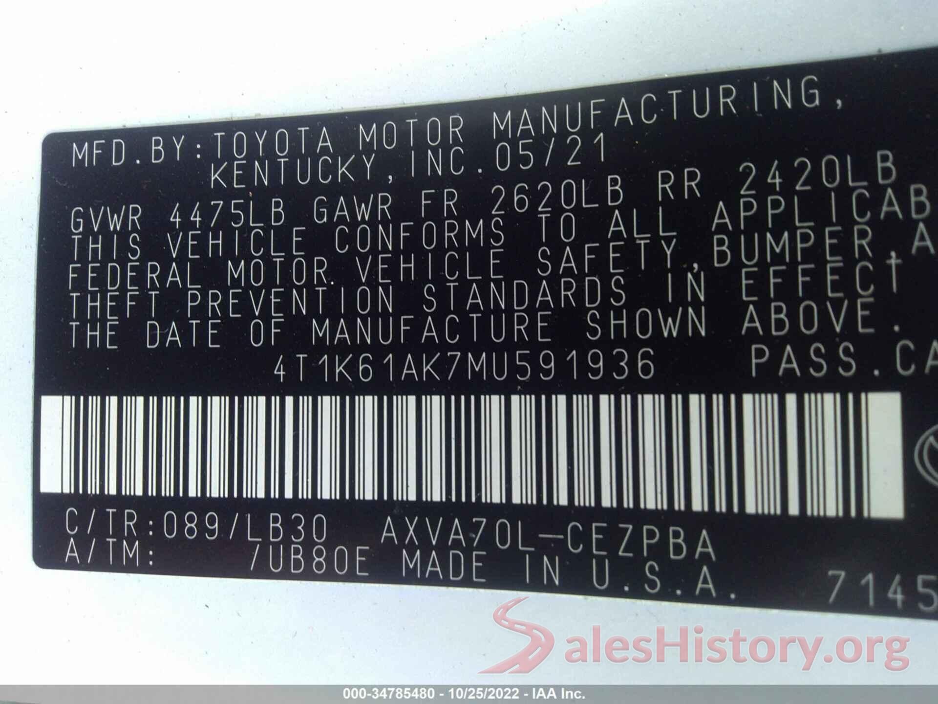 4T1K61AK7MU591936 2021 TOYOTA CAMRY