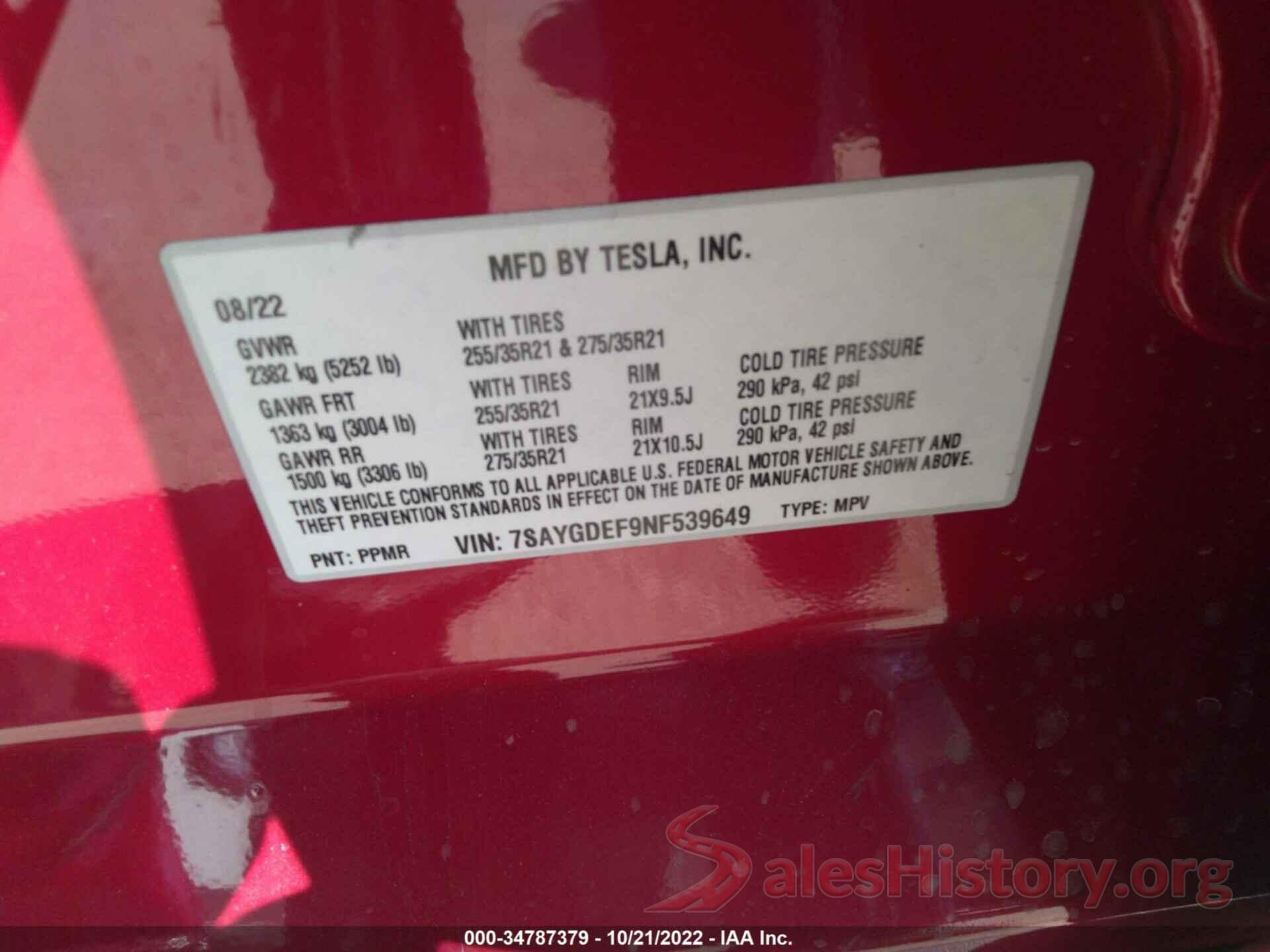 7SAYGDEF9NF539649 2022 TESLA MODEL Y