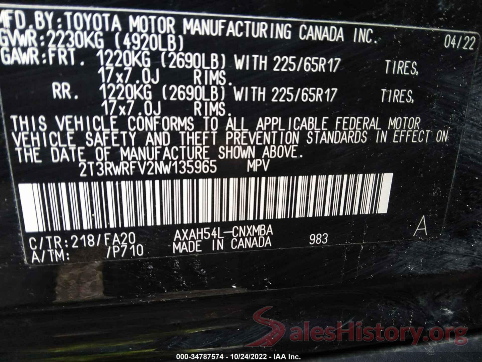 2T3RWRFV2NW135965 2022 TOYOTA RAV4