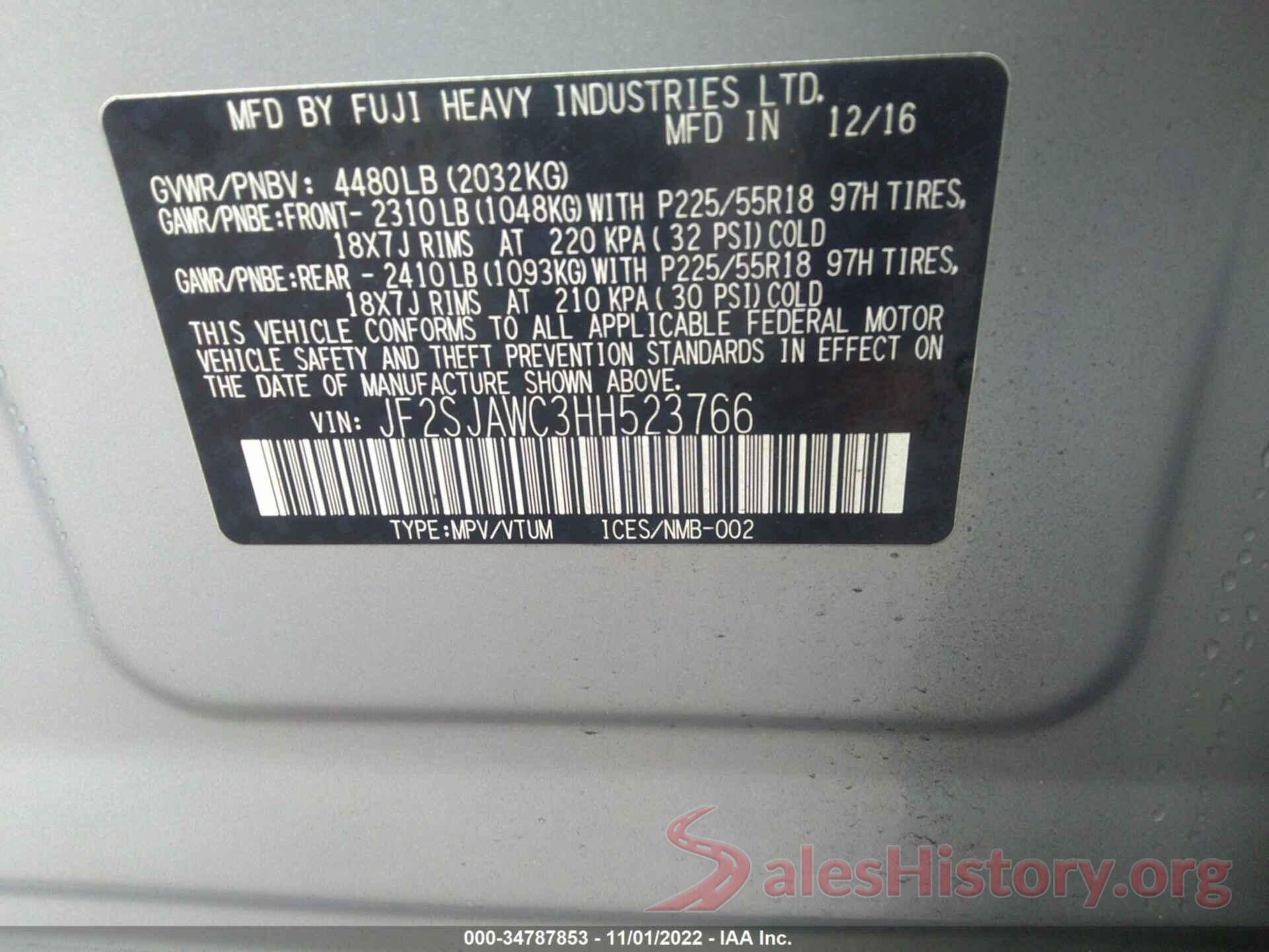 JF2SJAWC3HH523766 2017 SUBARU FORESTER