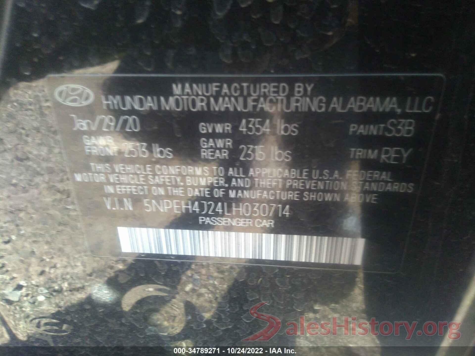 5NPEH4J24LH030714 2020 HYUNDAI SONATA