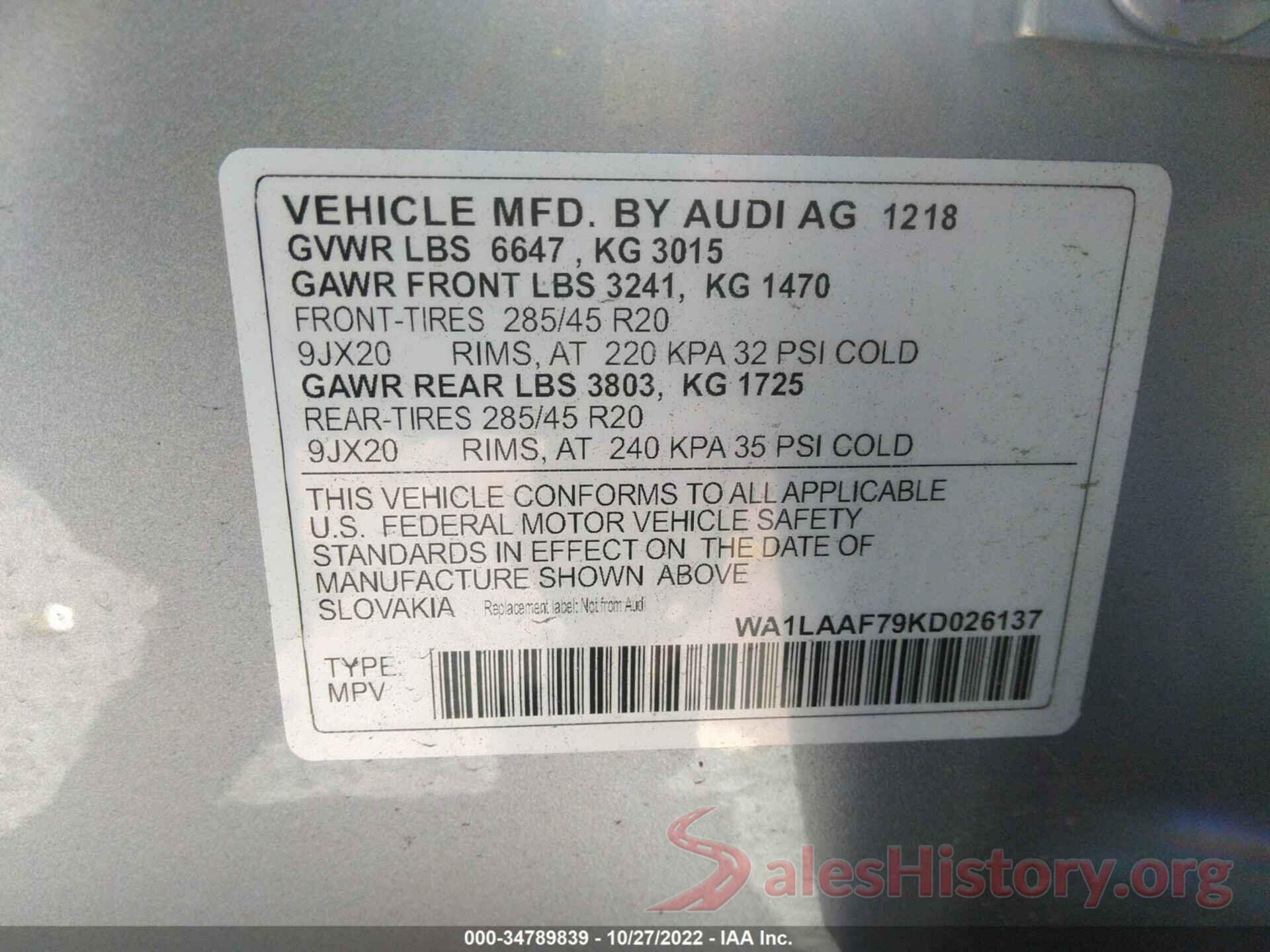 WA1LAAF79KD026137 2019 AUDI Q7