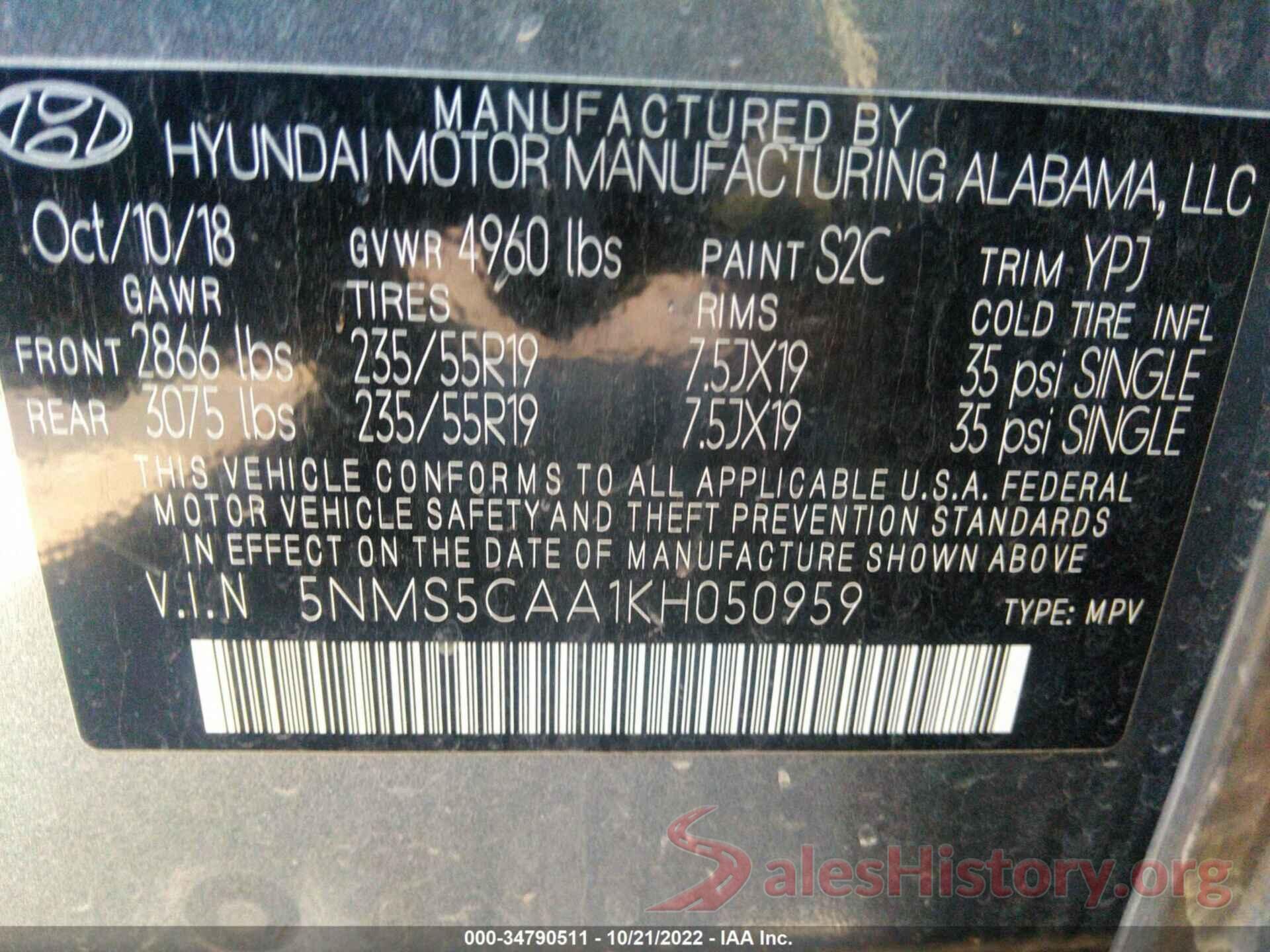 5NMS5CAA1KH050959 2019 HYUNDAI SANTA FE