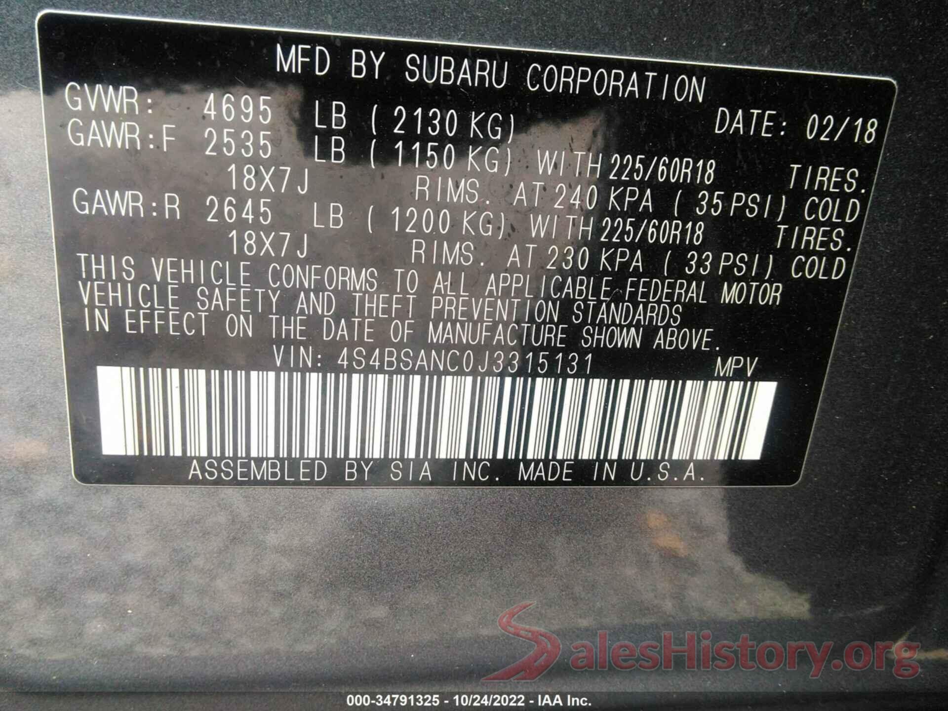 4S4BSANC0J3315131 2018 SUBARU OUTBACK