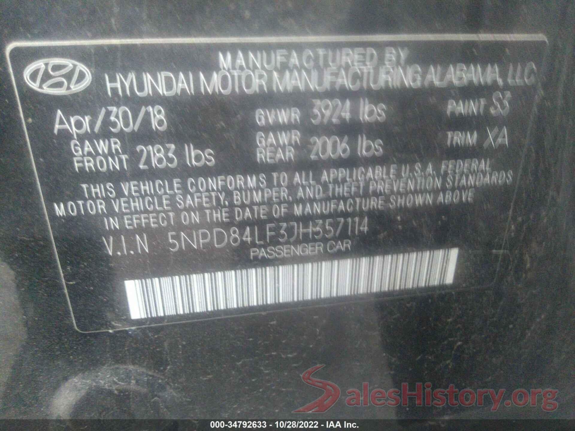 5NPD84LF3JH357114 2018 HYUNDAI ELANTRA