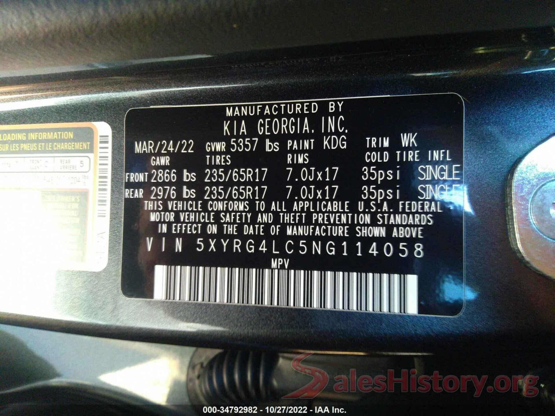 5XYRG4LC5NG114058 2022 KIA SORENTO