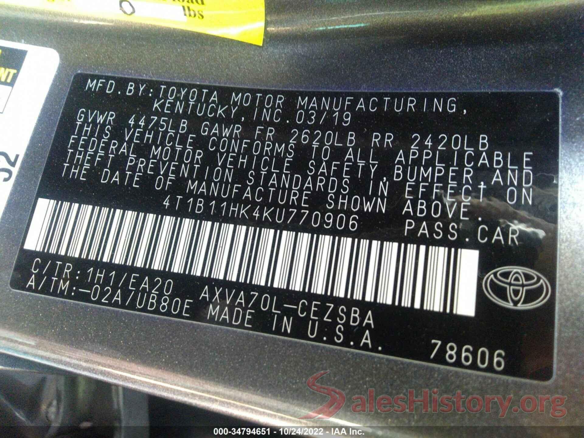 4T1B11HK4KU770906 2019 TOYOTA CAMRY