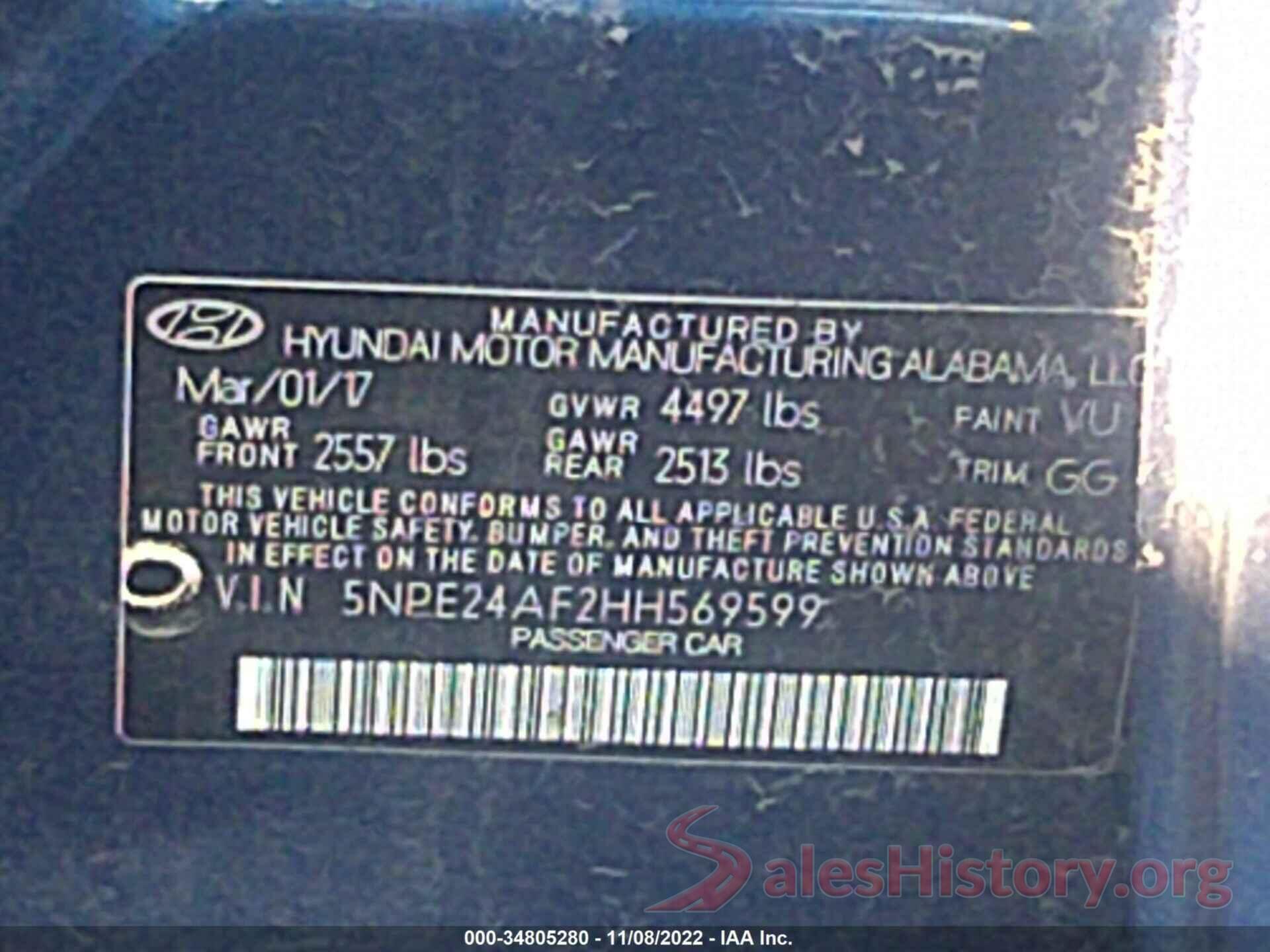 5NPE24AF2HH569599 2017 HYUNDAI SONATA