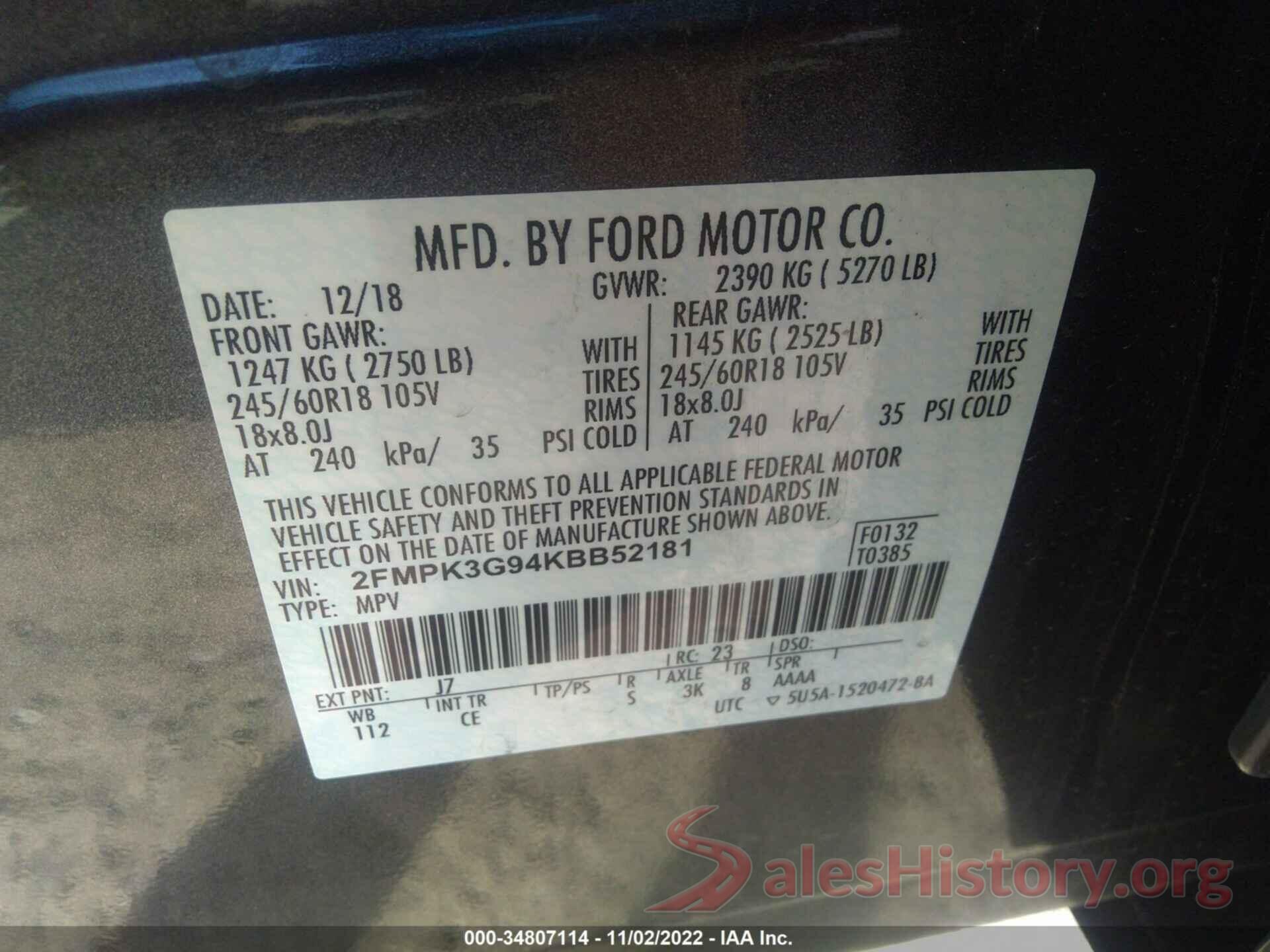 2FMPK3G94KBB52181 2019 FORD EDGE