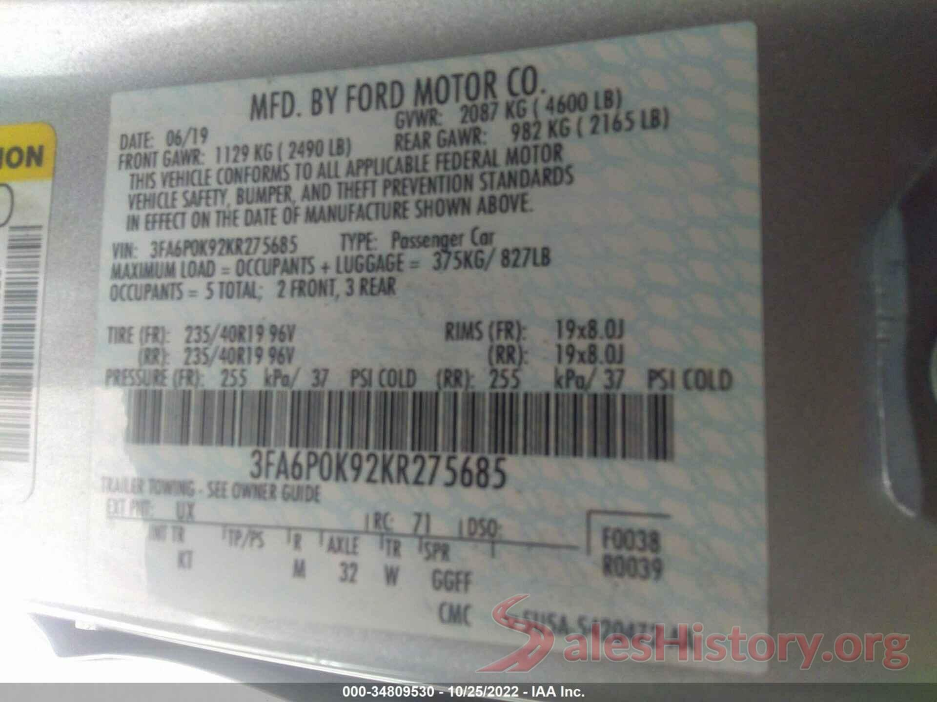 3FA6P0K92KR275685 2019 FORD FUSION