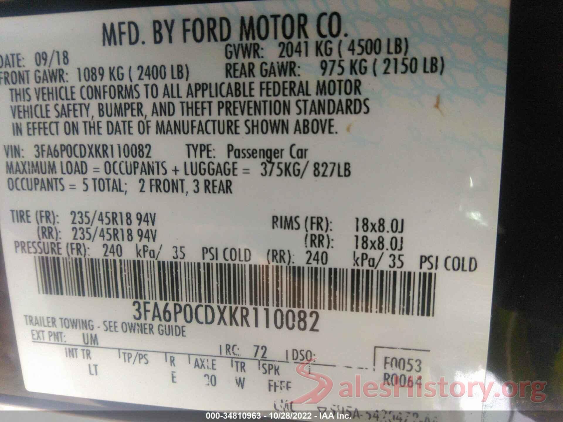 3FA6P0CDXKR110082 2019 FORD FUSION