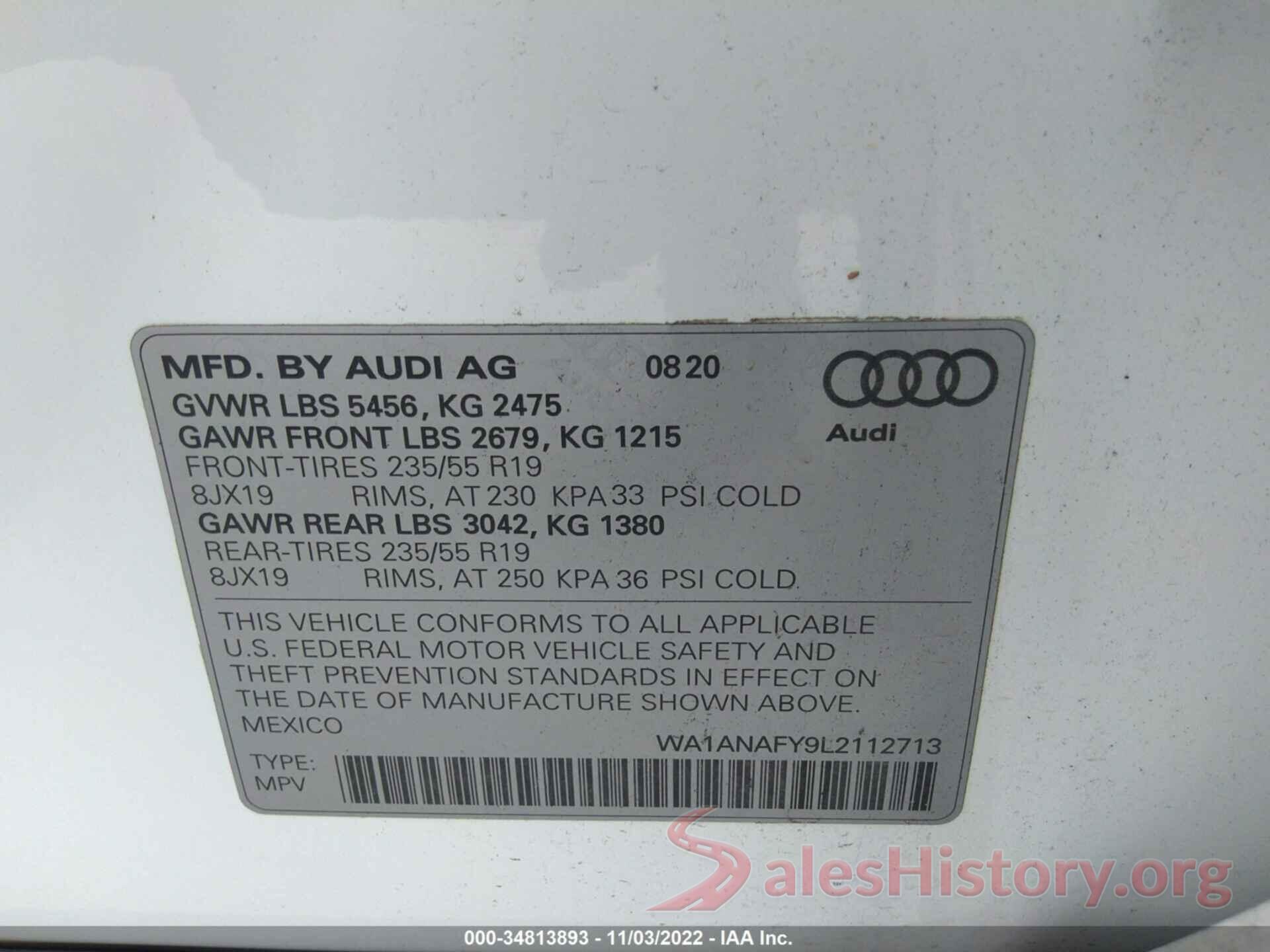 WA1ANAFY9L2112713 2020 AUDI Q5