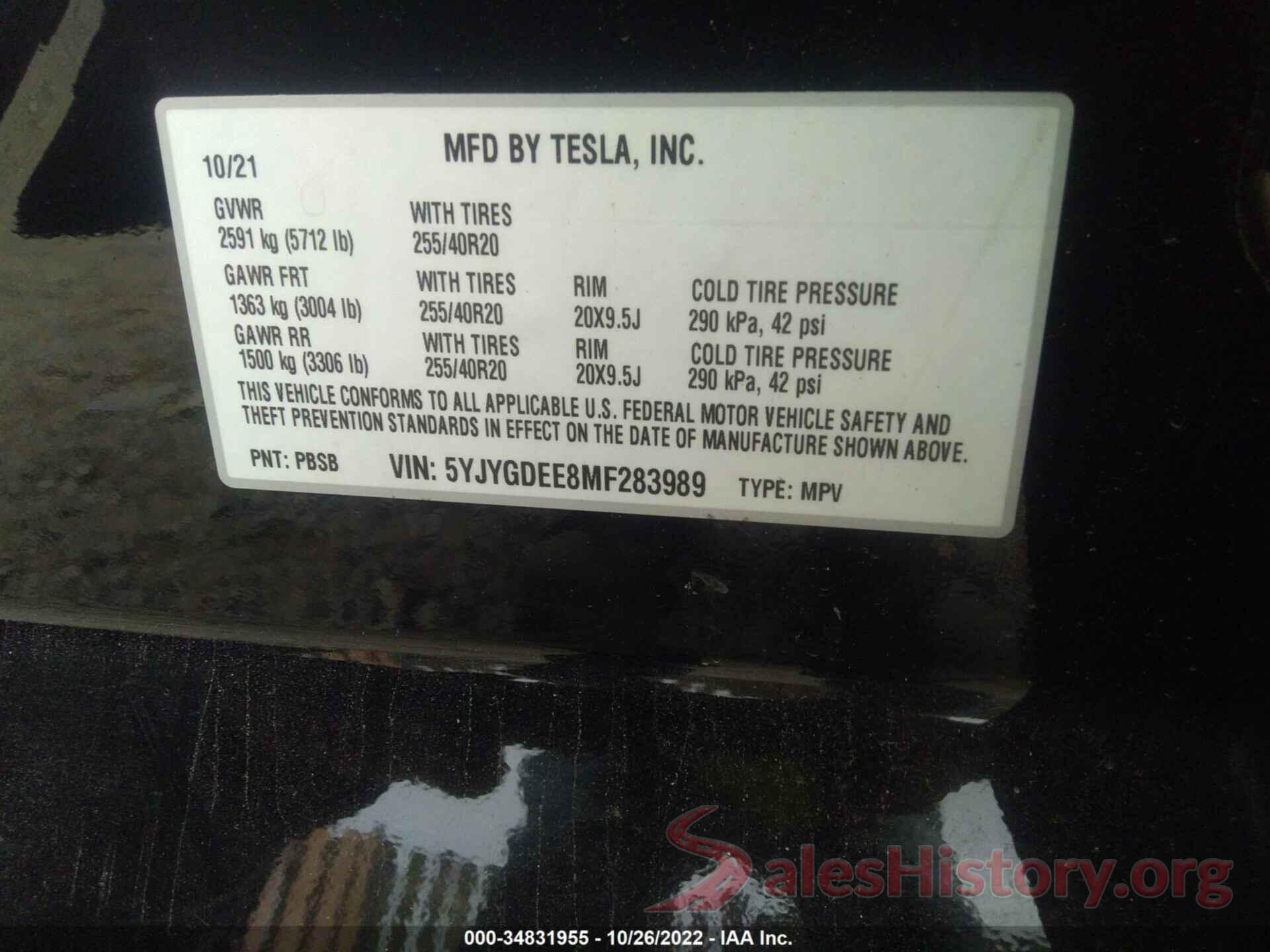 5YJYGDEE8MF283989 2021 TESLA MODEL Y