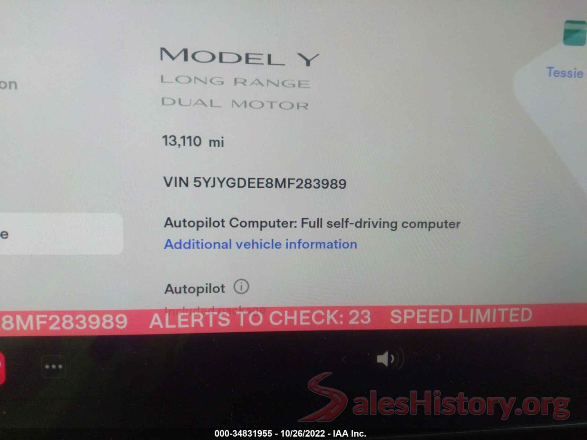 5YJYGDEE8MF283989 2021 TESLA MODEL Y